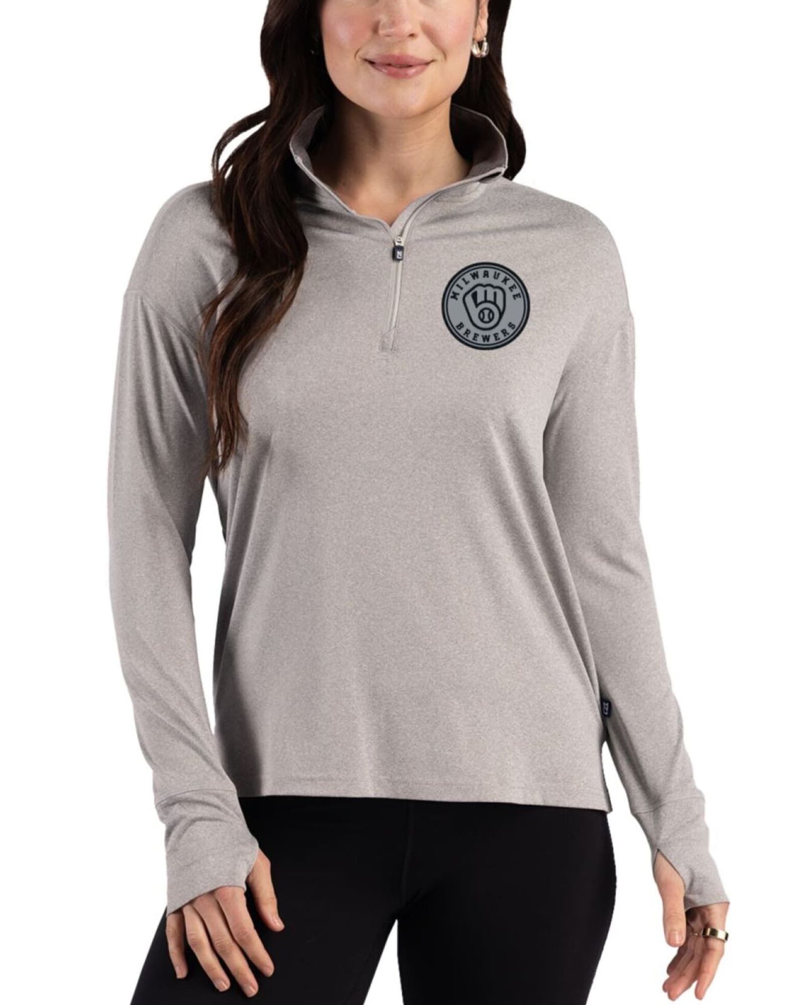 Women's Milwaukee Brewers Cutter & Buck Mono Polished Heather Forge Four-Way Stretch Quarter Zip Pullover