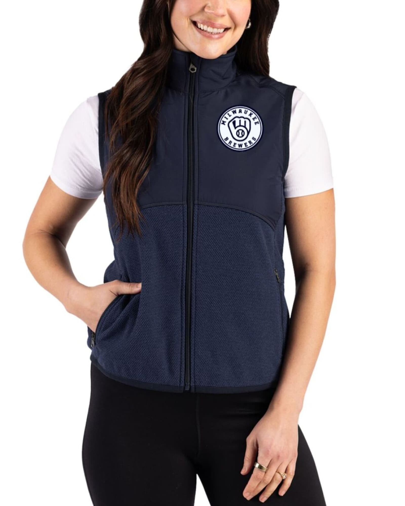 Women's Milwaukee Brewers Cutter & Buck Mono Navy Blue Hunts Point Fleece Hybrid Full Zip Vest