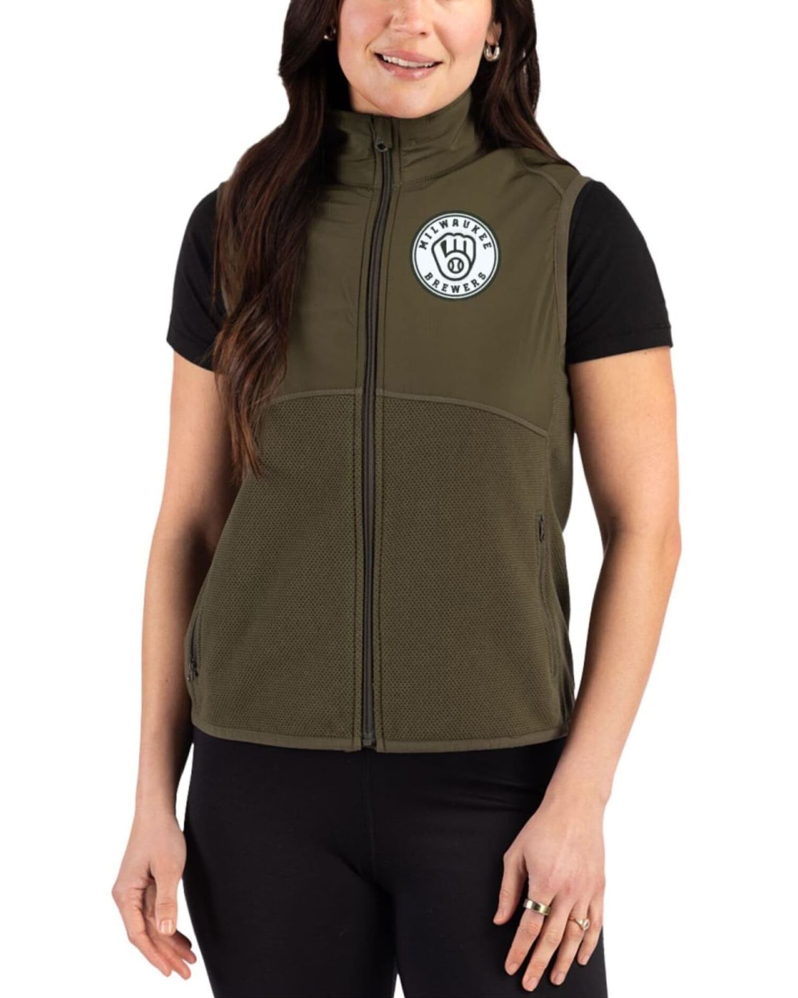 Women's Milwaukee Brewers Cutter & Buck Mono Poplar Hunts Point Fleece Hybrid Full Zip Vest