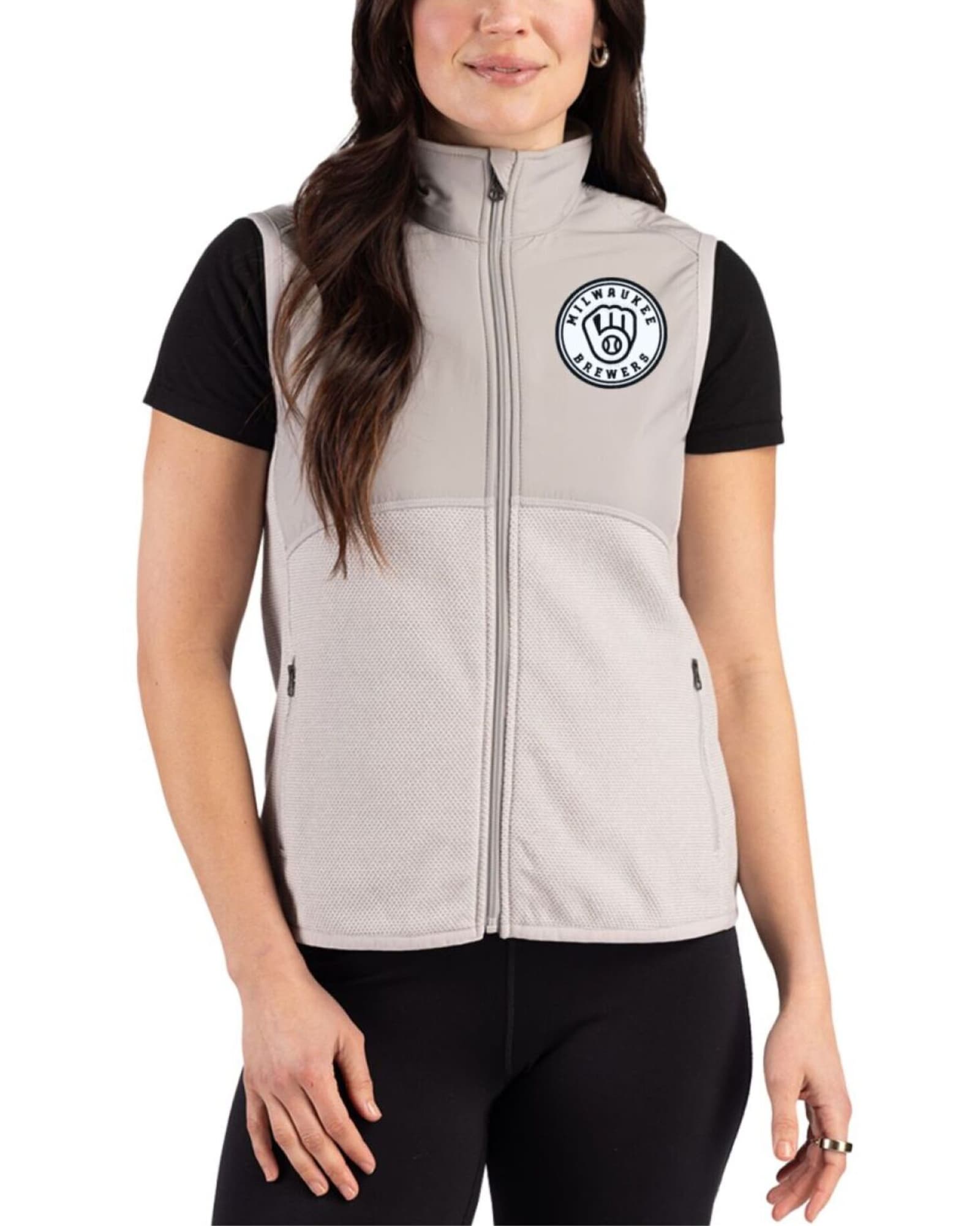 Women's Milwaukee Brewers Cutter & Buck Mono Polished Hunts Point Fleece Hybrid Full Zip Vest
