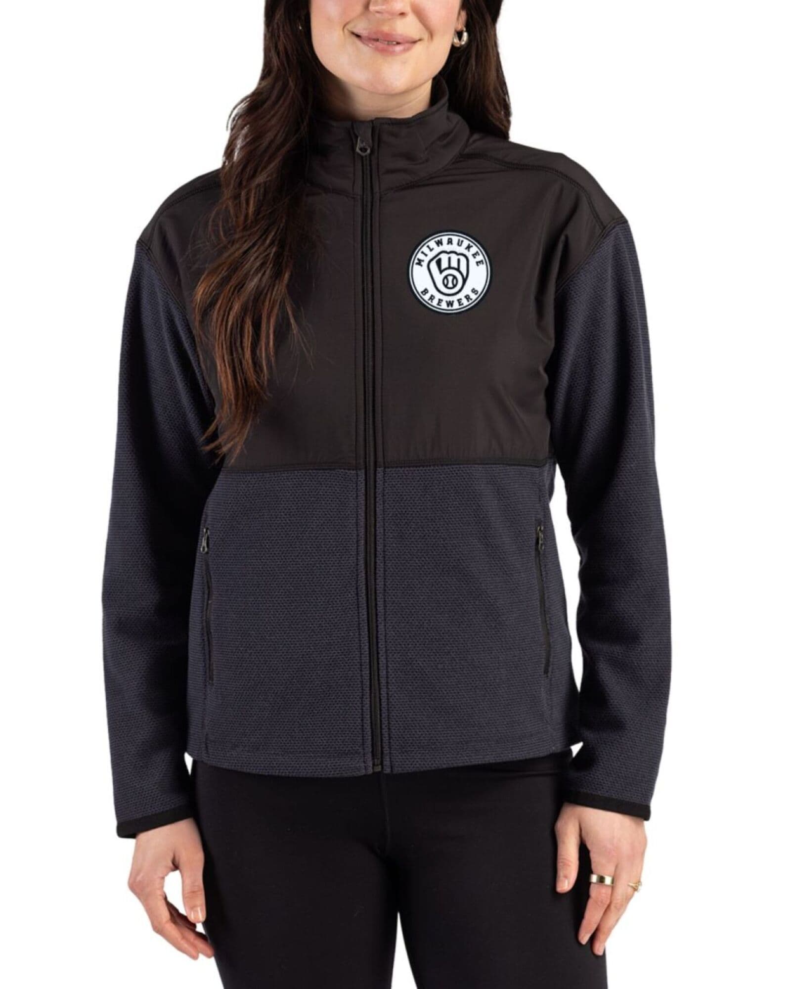 Women's Milwaukee Brewers Cutter & Buck Mono Black Hunts Point Fleece Hybrid Full Zip Jacket