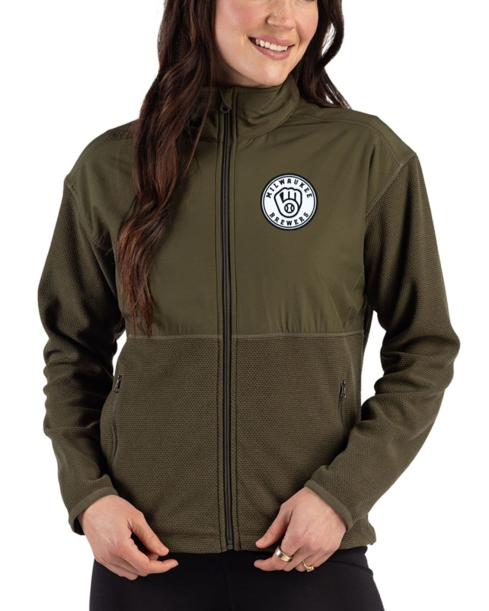 Women's Milwaukee Brewers Cutter & Buck Mono Poplar Hunts Point Fleece Hybrid Full Zip Jacket