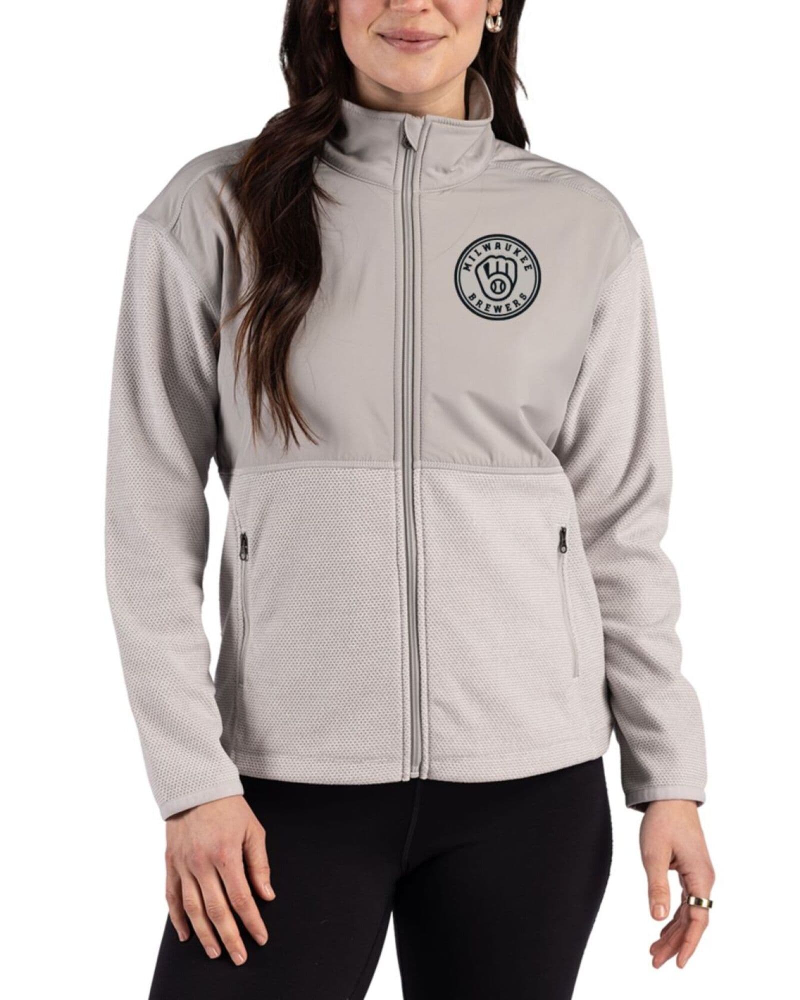 Women's Milwaukee Brewers Cutter & Buck Mono Polished Hunts Point Fleece Hybrid Full Zip Jacket