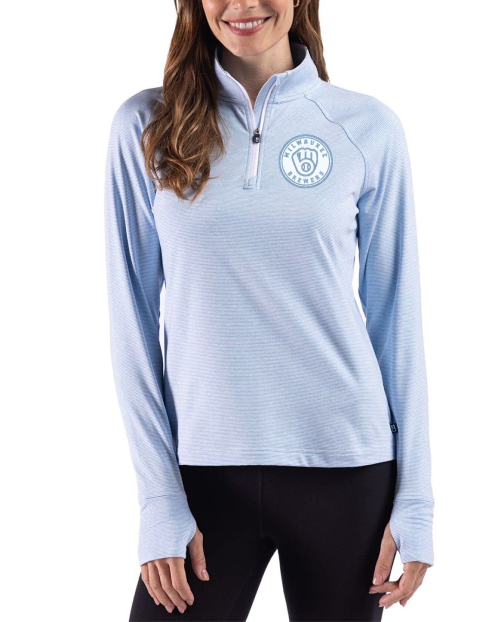 Women's Milwaukee Brewers Cutter & Buck Mono Atlas Heather/White Adapt Soft Knit Stripe Quarter Zip Pullover