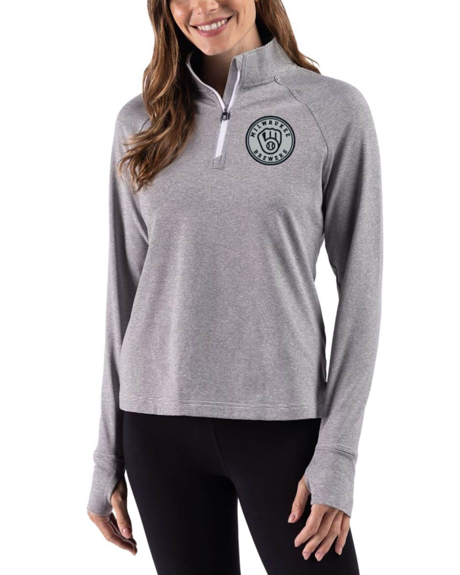 Women's Milwaukee Brewers Cutter & Buck Mono Black Heather/White Adapt Soft Knit Stripe Quarter Zip Pullover