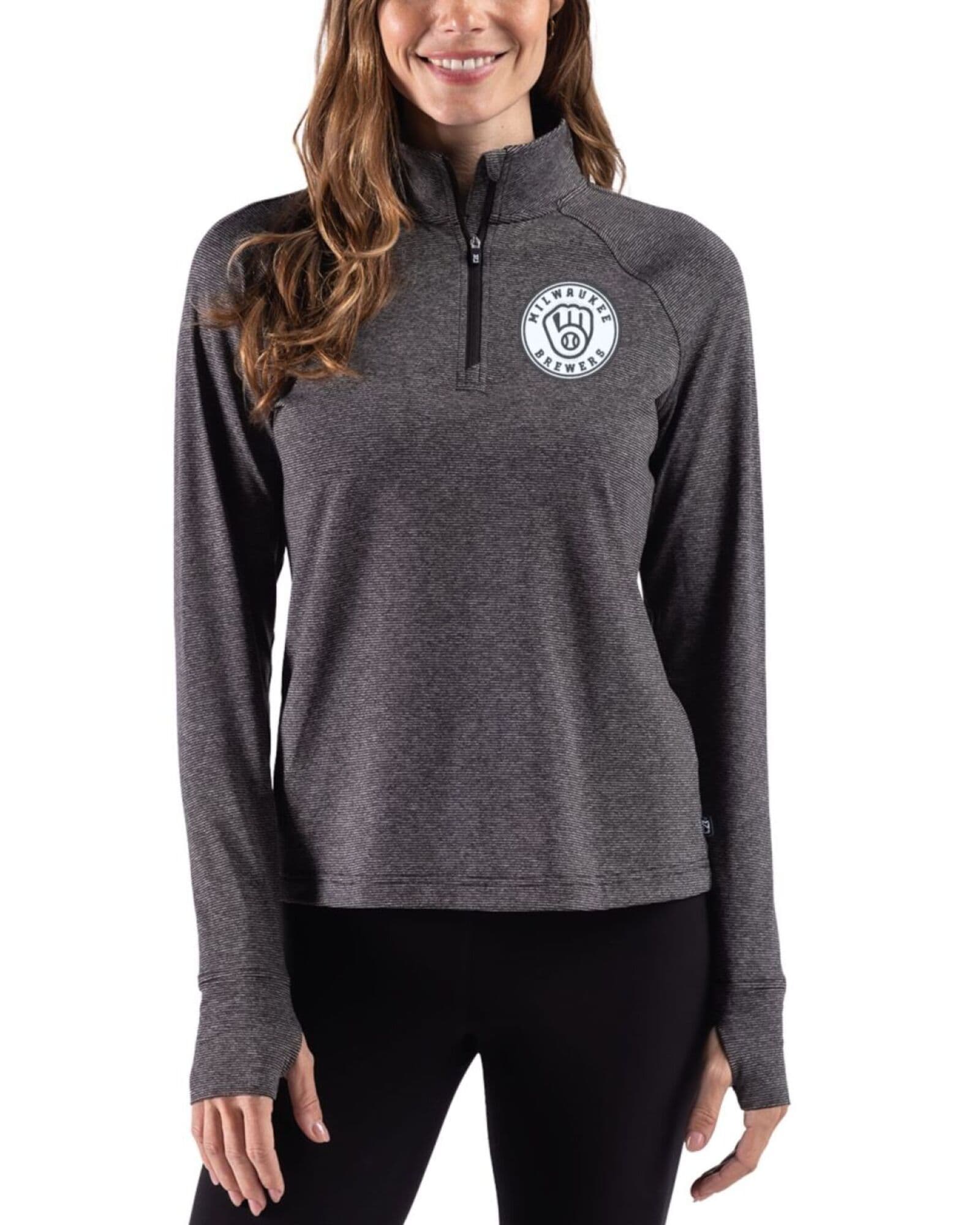 Women's Milwaukee Brewers Cutter & Buck Mono Black Heather Adapt Soft Knit Stripe Quarter Zip Pullover
