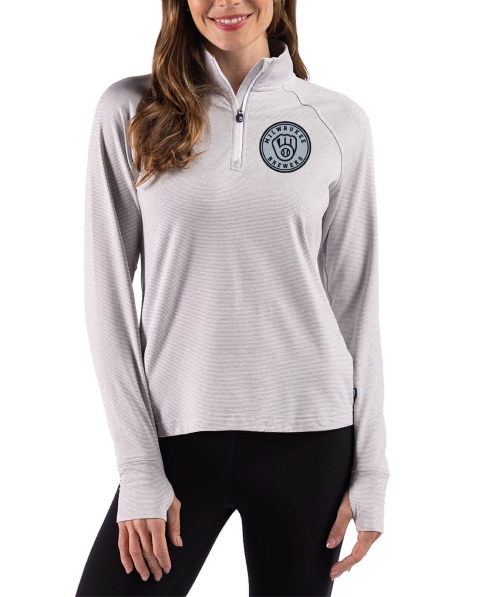 Women's Milwaukee Brewers Cutter & Buck Mono Polished Heather/White Adapt Soft Knit Stripe Quarter Zip Pullover