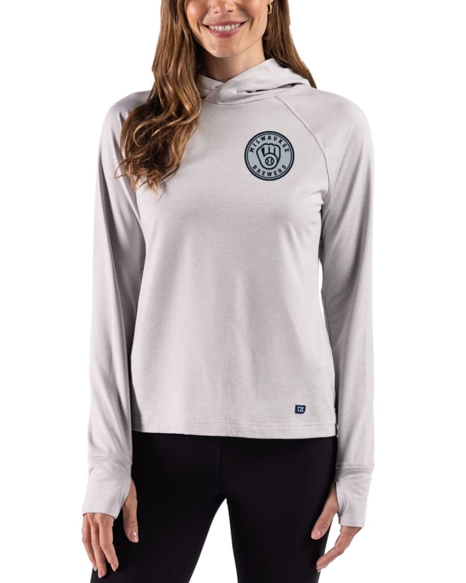 Women's Milwaukee Brewers Cutter & Buck Mono Polished Heather/White Adapt Soft Knit Stripe Hooded Pullover