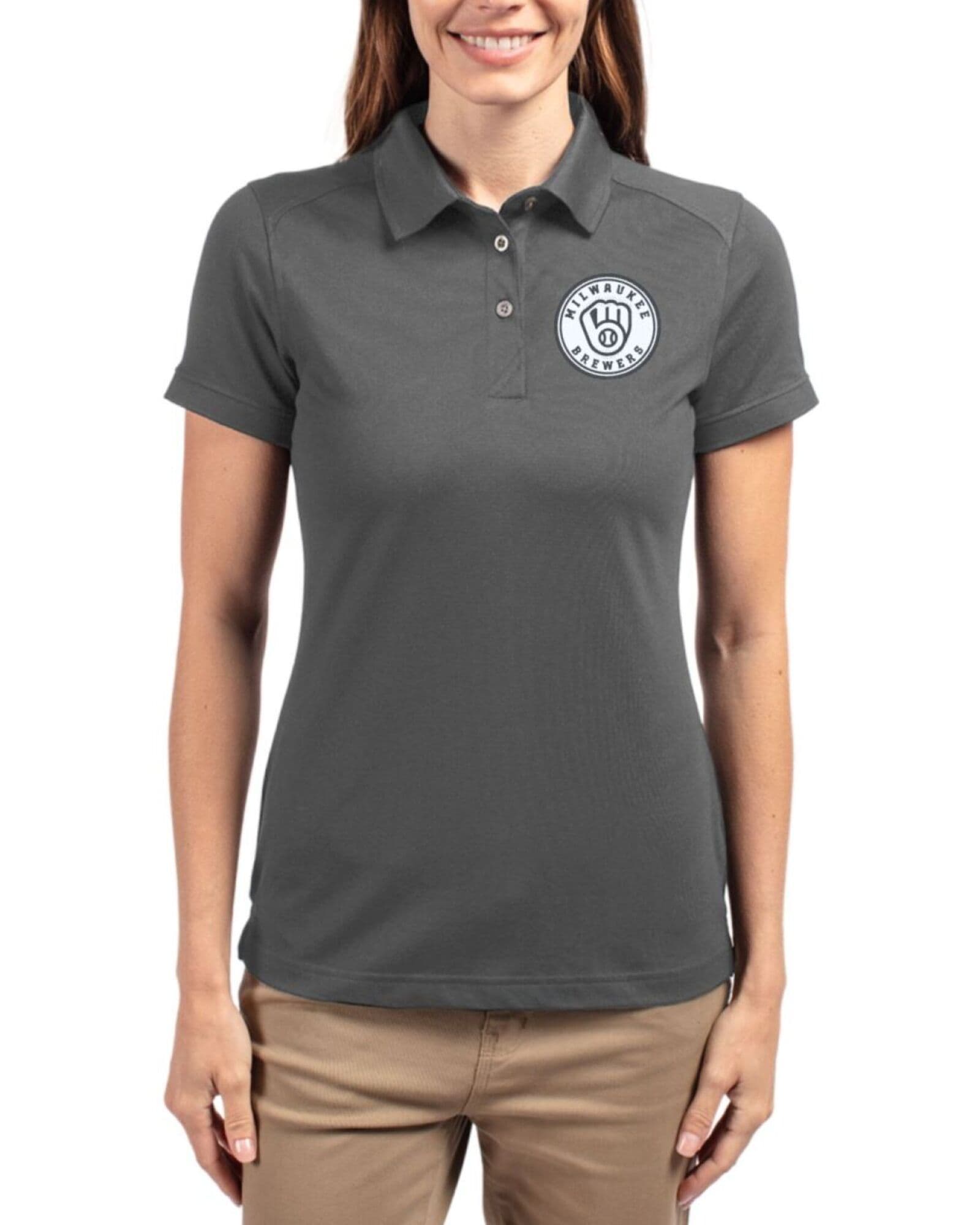 Women's Milwaukee Brewers Cutter & Buck Mono Elemental Grey Advantage Cotton-Blend Pique Polo