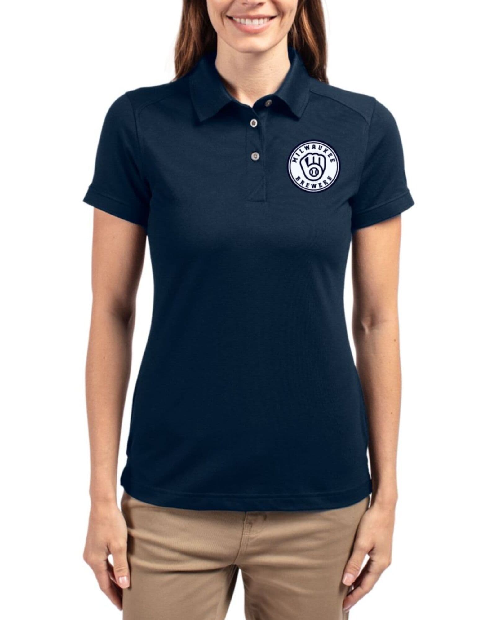 Women's Milwaukee Brewers Cutter & Buck Mono Liberty Navy Advantage Cotton-Blend Pique Polo