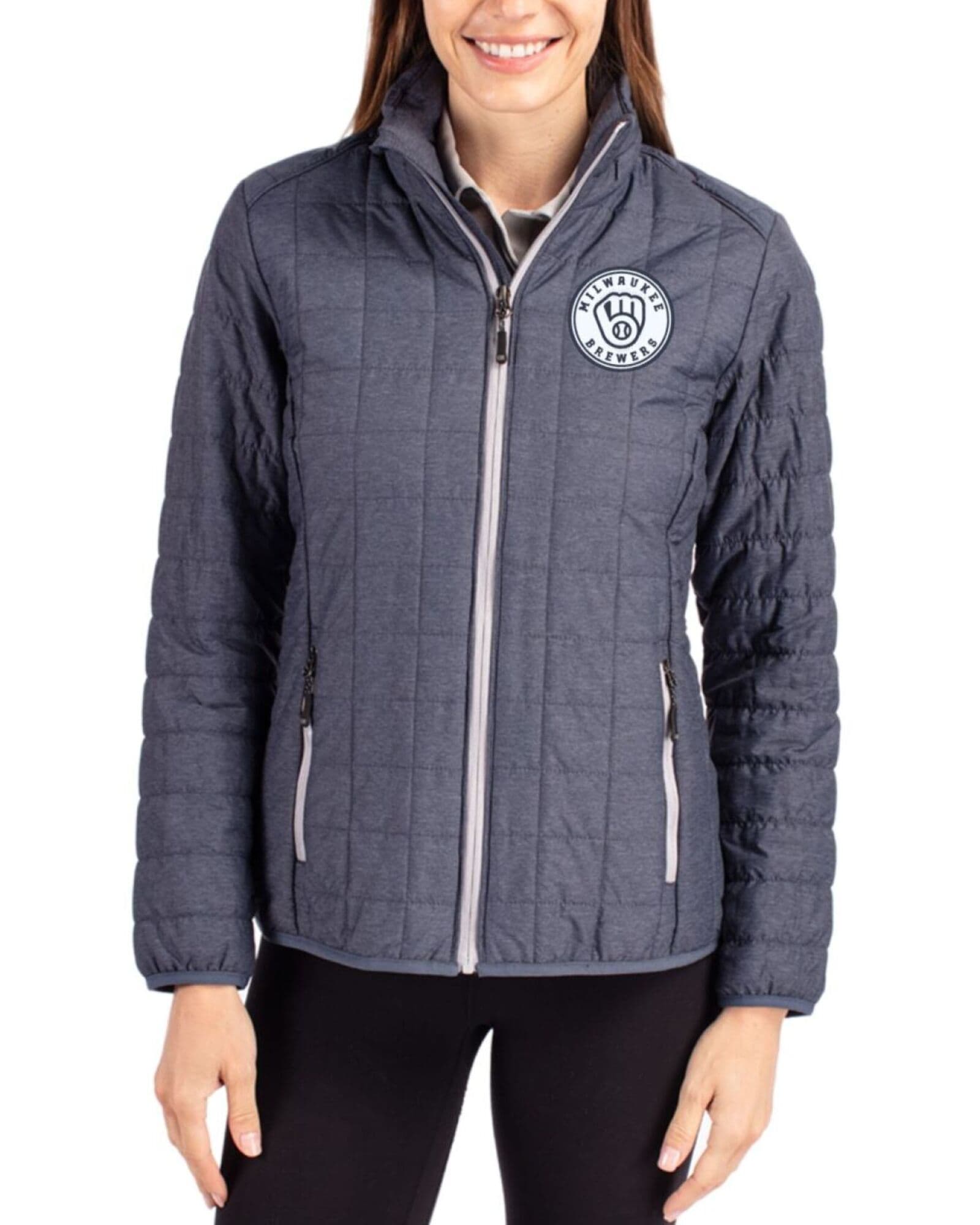 Women's Milwaukee Brewers Cutter & Buck Mono Anthracite Melange Rainier Insulated Puffer Full Zip Jacket