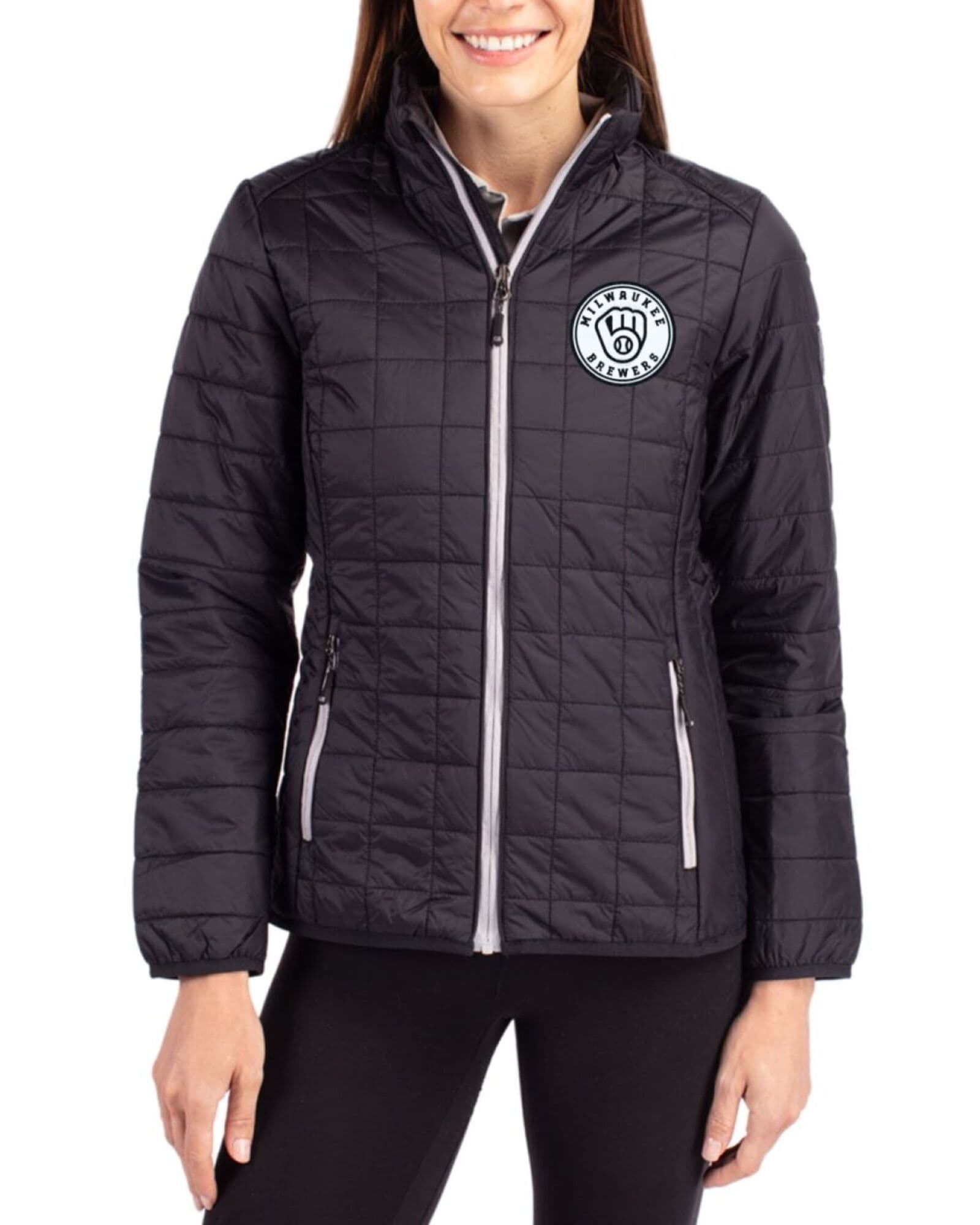 Women's Milwaukee Brewers Cutter & Buck Mono Black Rainier Insulated Puffer Full Zip Jacket