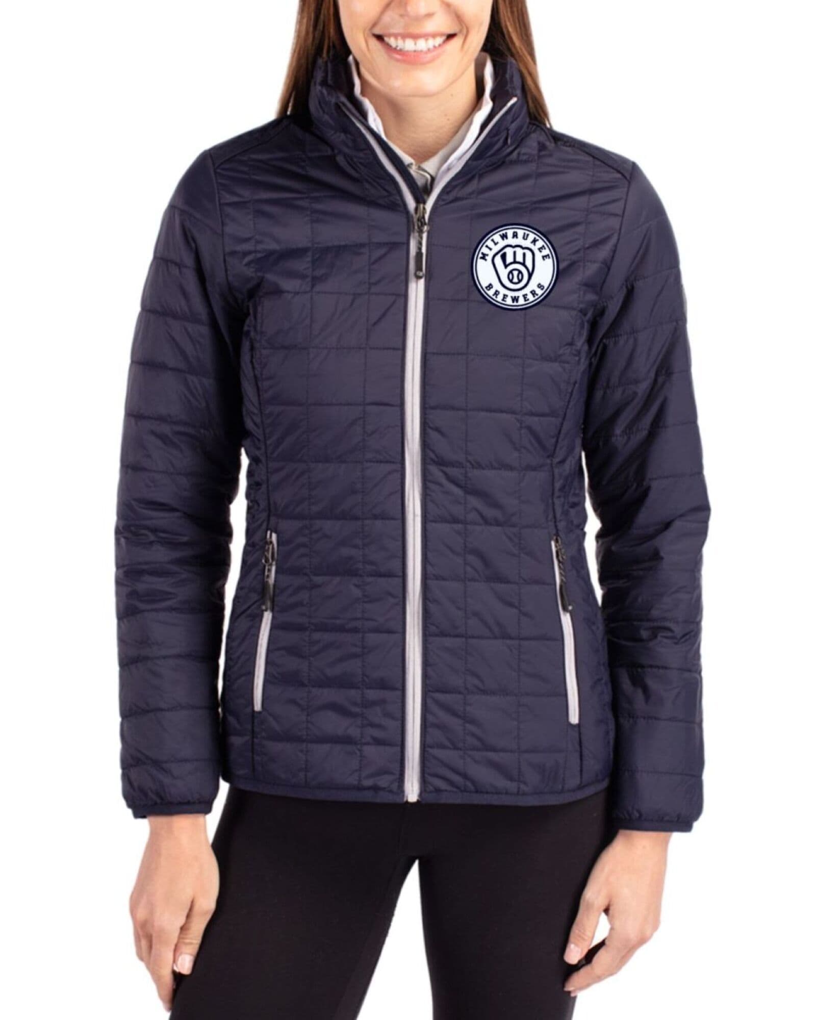 Women's Milwaukee Brewers Cutter & Buck Mono Dark Navy/Silver Rainier Insulated Puffer Full Zip Jacket