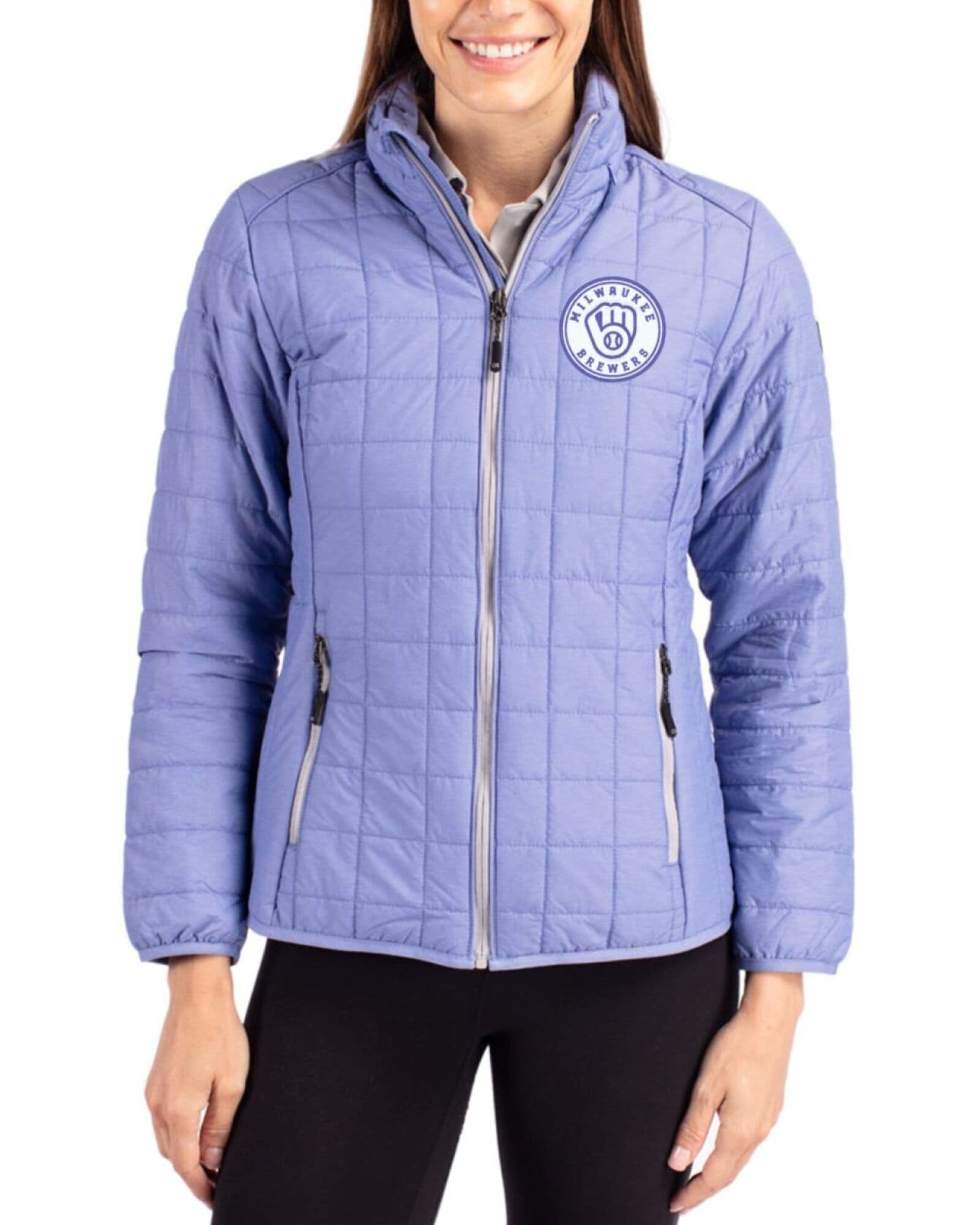 Women's Milwaukee Brewers Cutter & Buck Mono Hyacinth Melange Rainier Insulated Puffer Full Zip Jacket