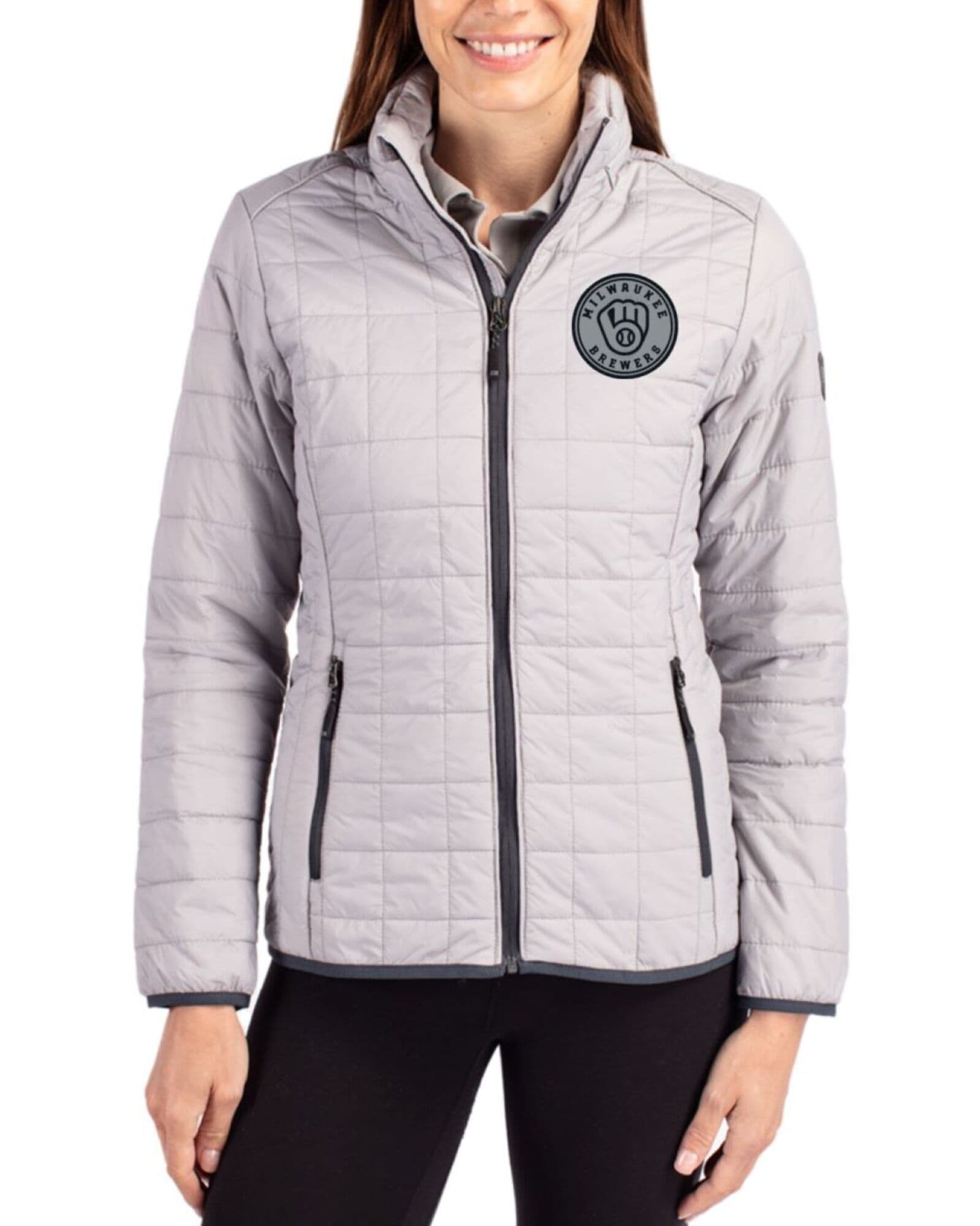 Women's Milwaukee Brewers Cutter & Buck Mono Polished Rainier Insulated Puffer Full Zip Jacket