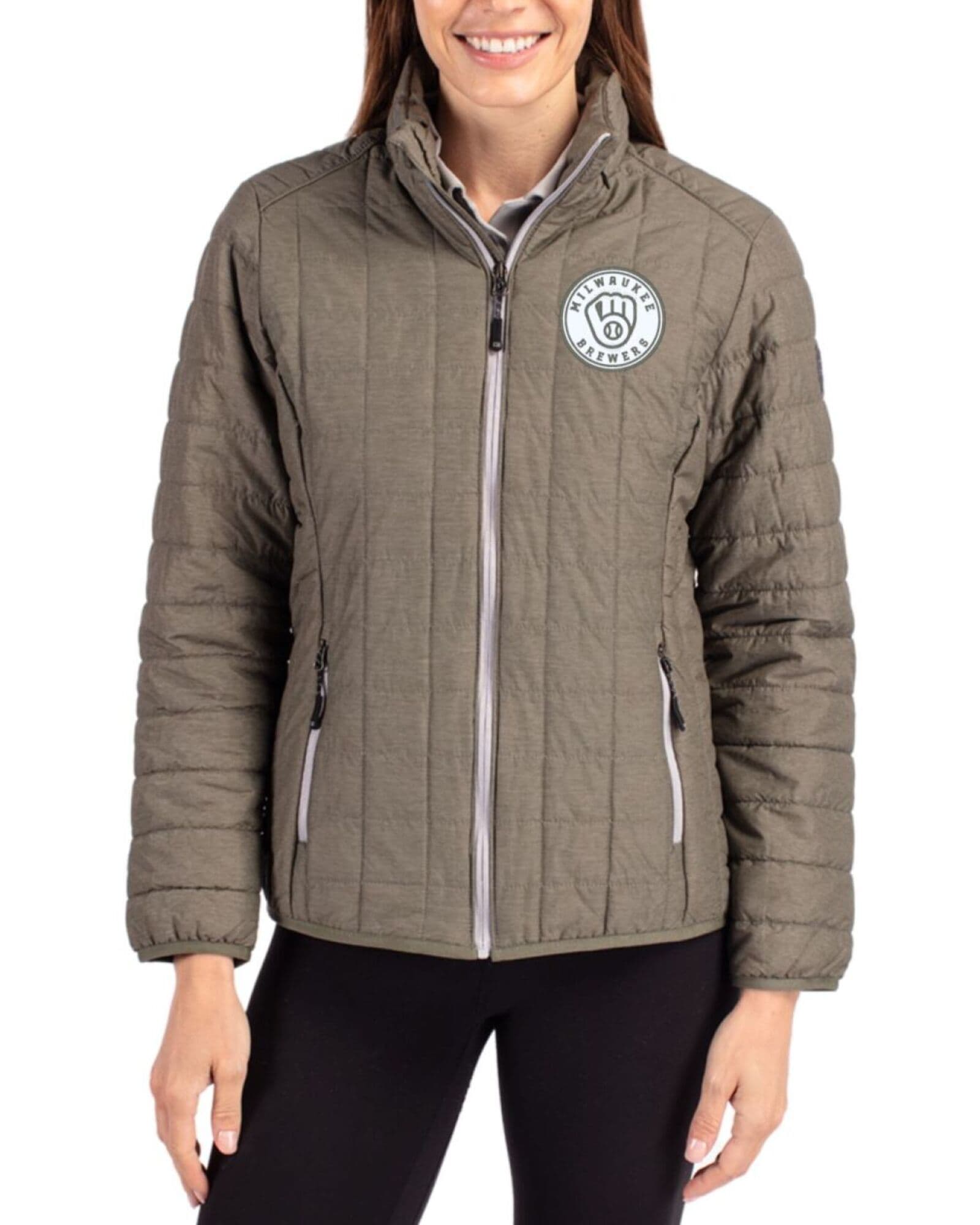Women's Milwaukee Brewers Cutter & Buck Mono Poplar Melange Rainier Insulated Puffer Full Zip Jacket