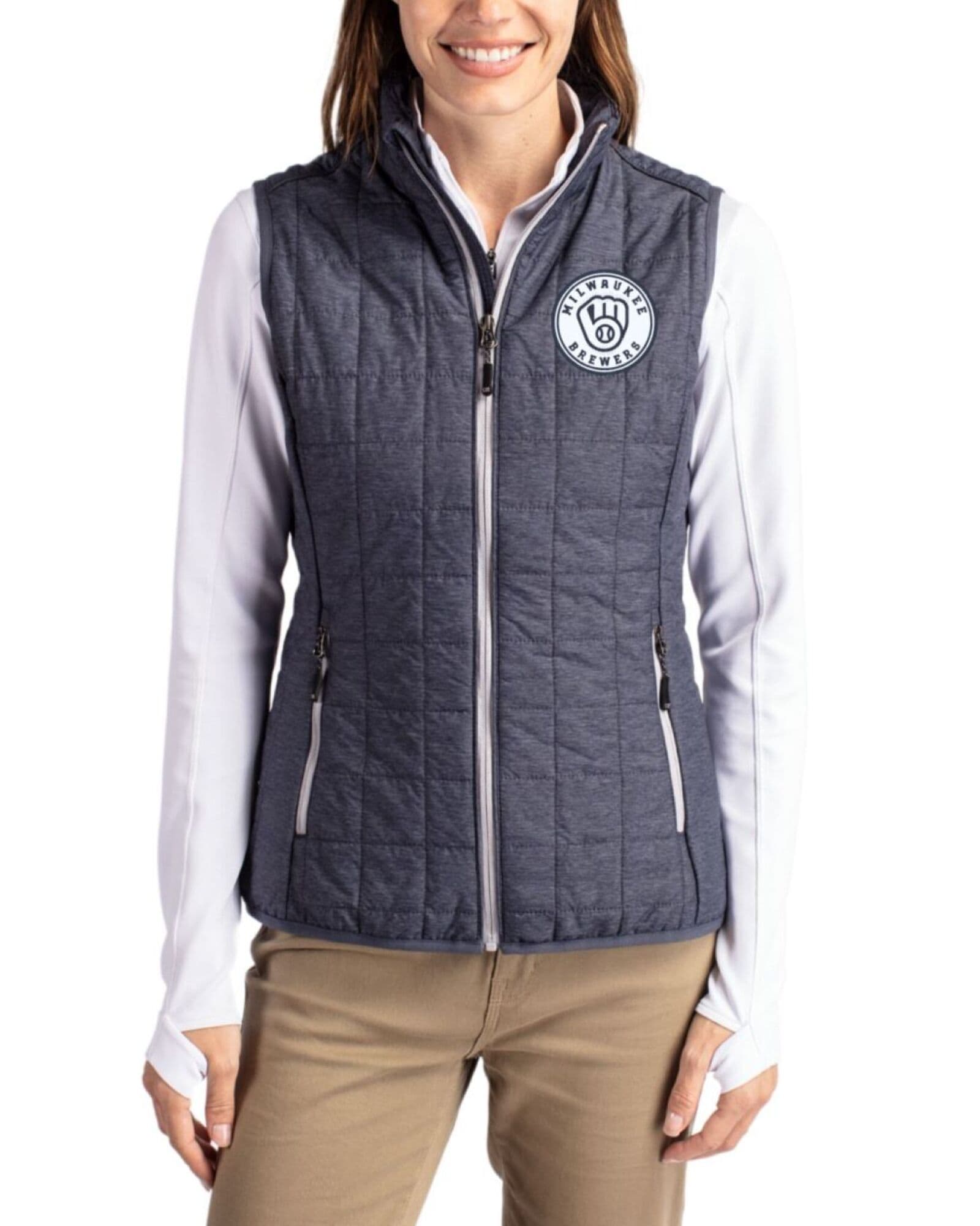 Women's Milwaukee Brewers Cutter & Buck Mono Anthracite Melange Rainier Insulated Puffer Full Zip Vest