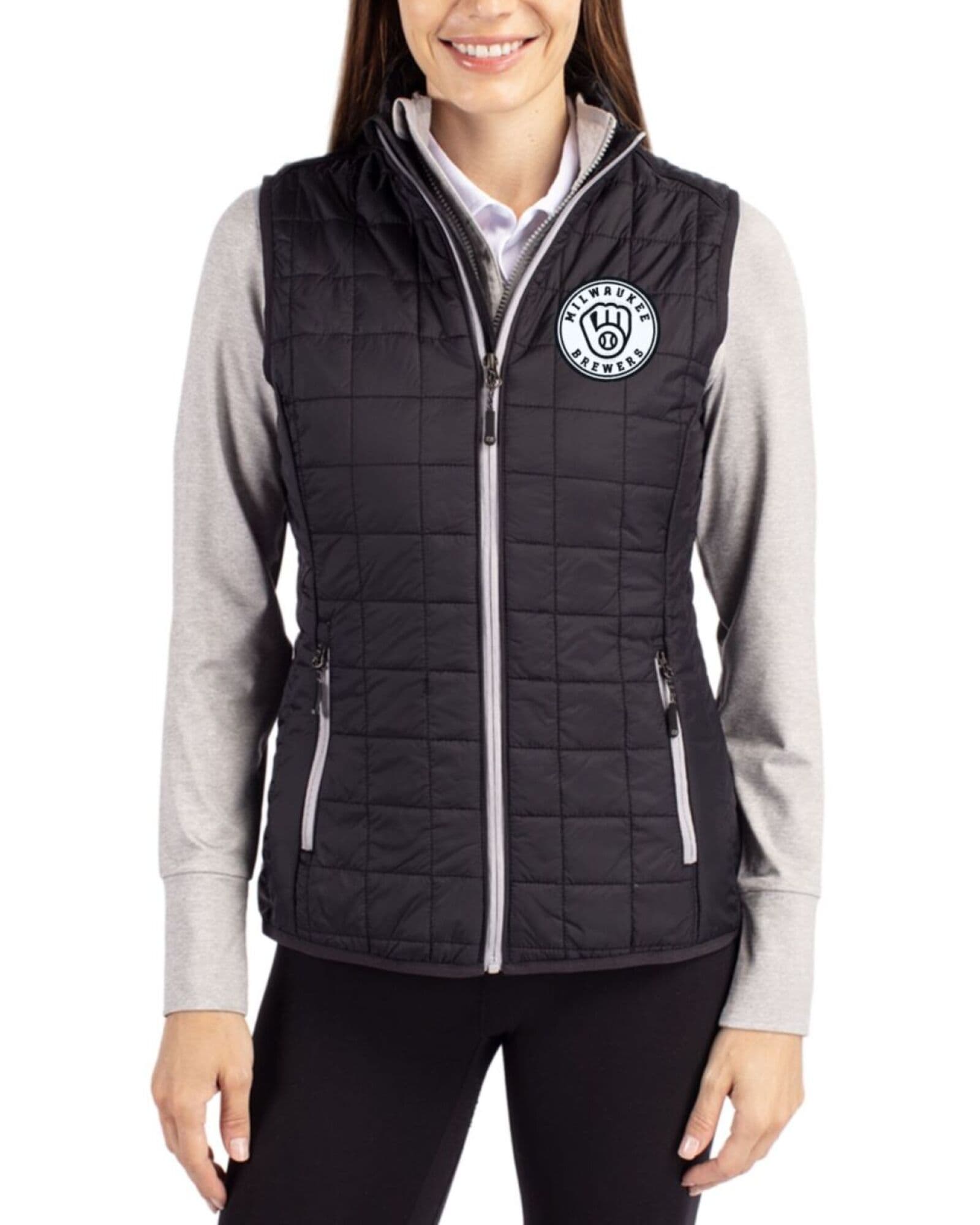 Women's Milwaukee Brewers Cutter & Buck Mono Black Rainier Insulated Puffer Full Zip Vest