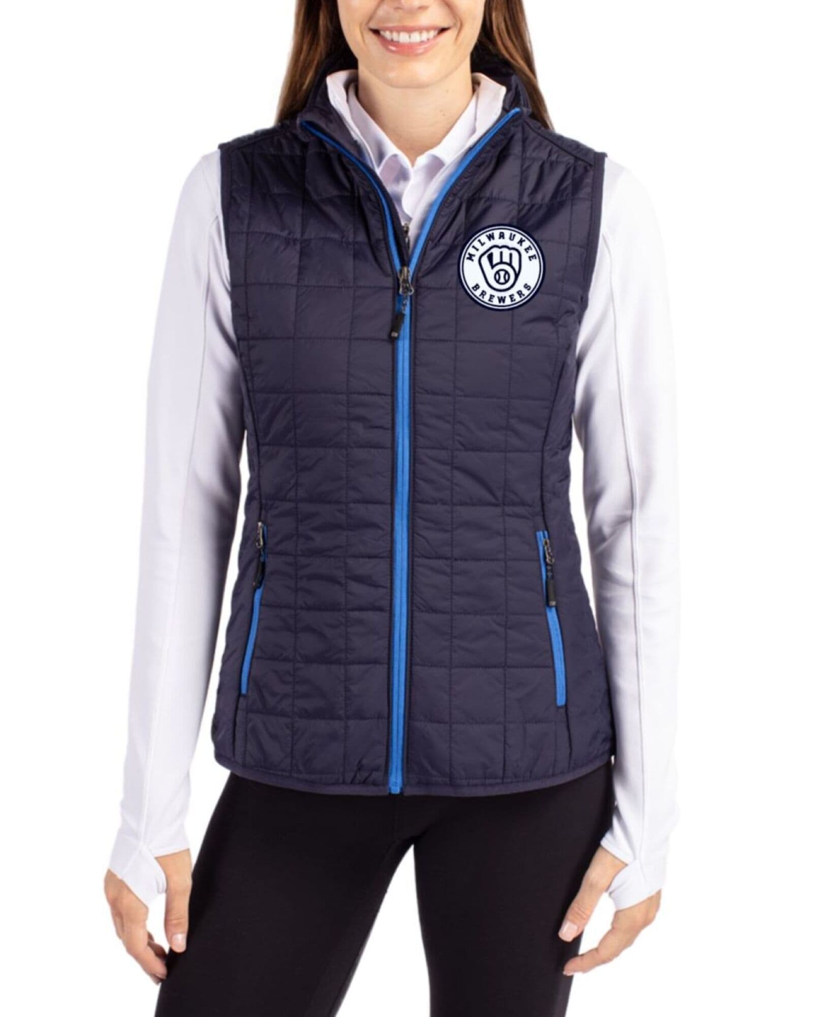 Women's Milwaukee Brewers Cutter & Buck Mono Dark Navy Rainier Insulated Puffer Full Zip Vest