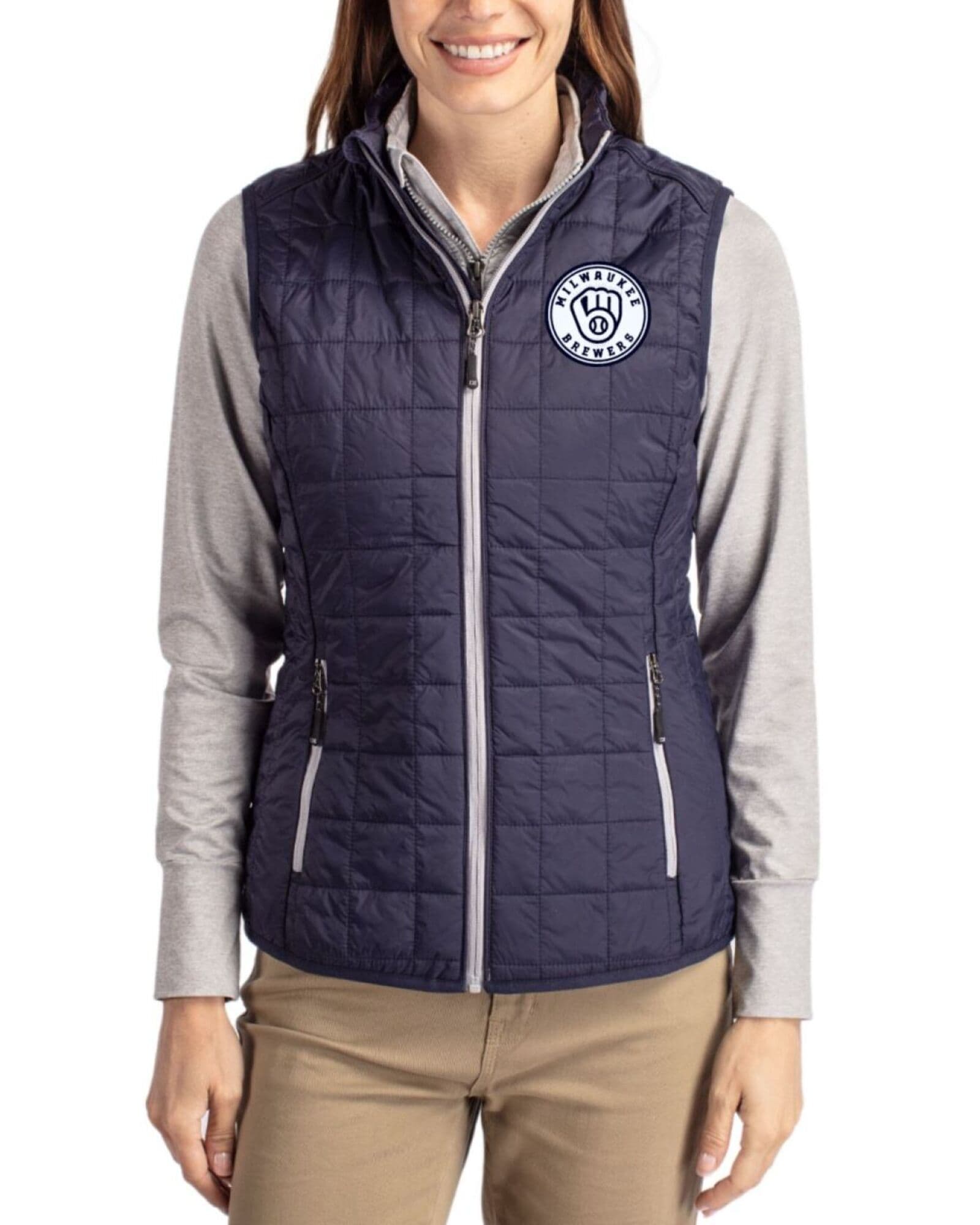 Women's Milwaukee Brewers Cutter & Buck Mono Dark Navy/Silver Rainier Insulated Puffer Full Zip Vest