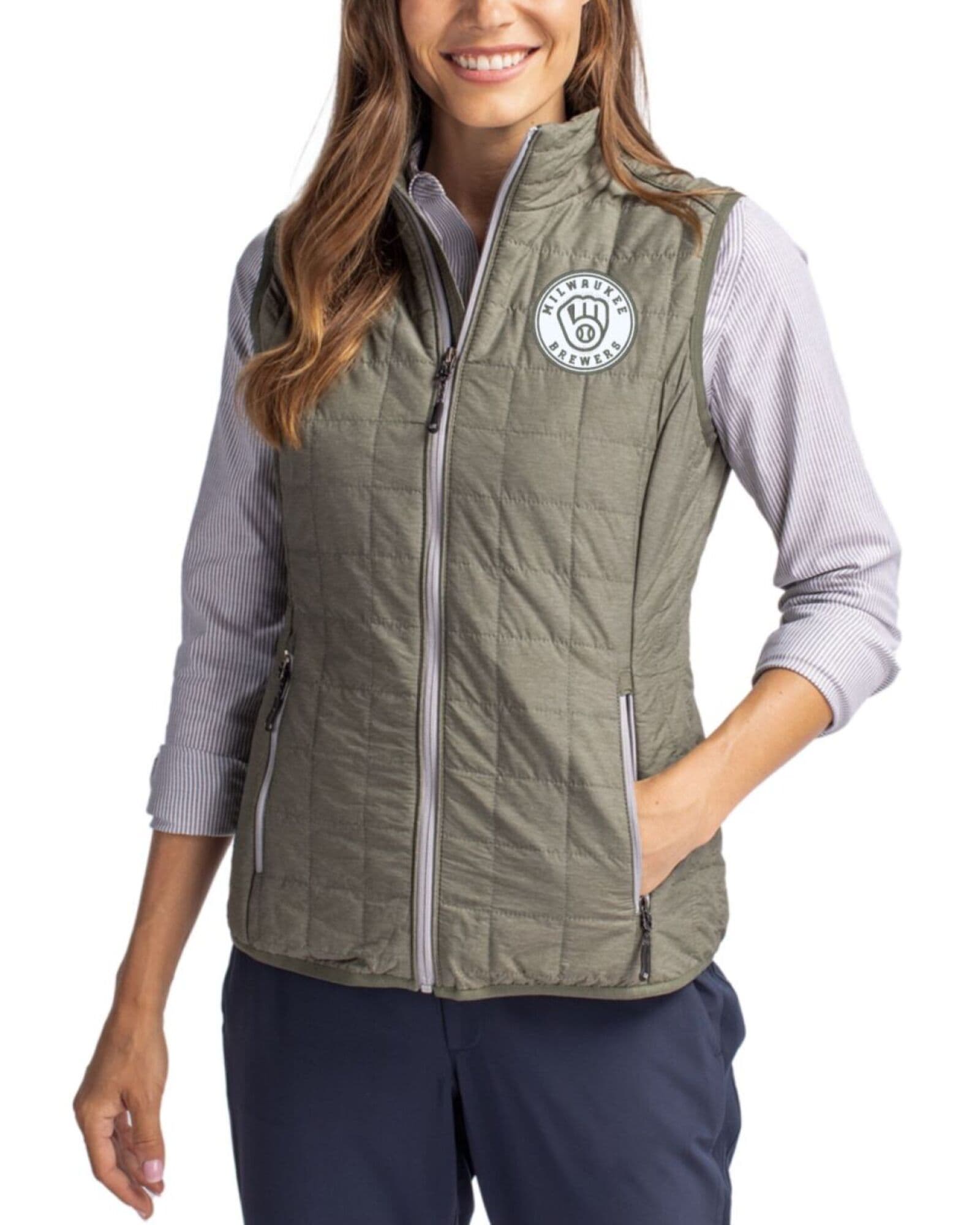 Women's Milwaukee Brewers Cutter & Buck Mono Poplar Melange Rainier Insulated Puffer Full Zip Vest