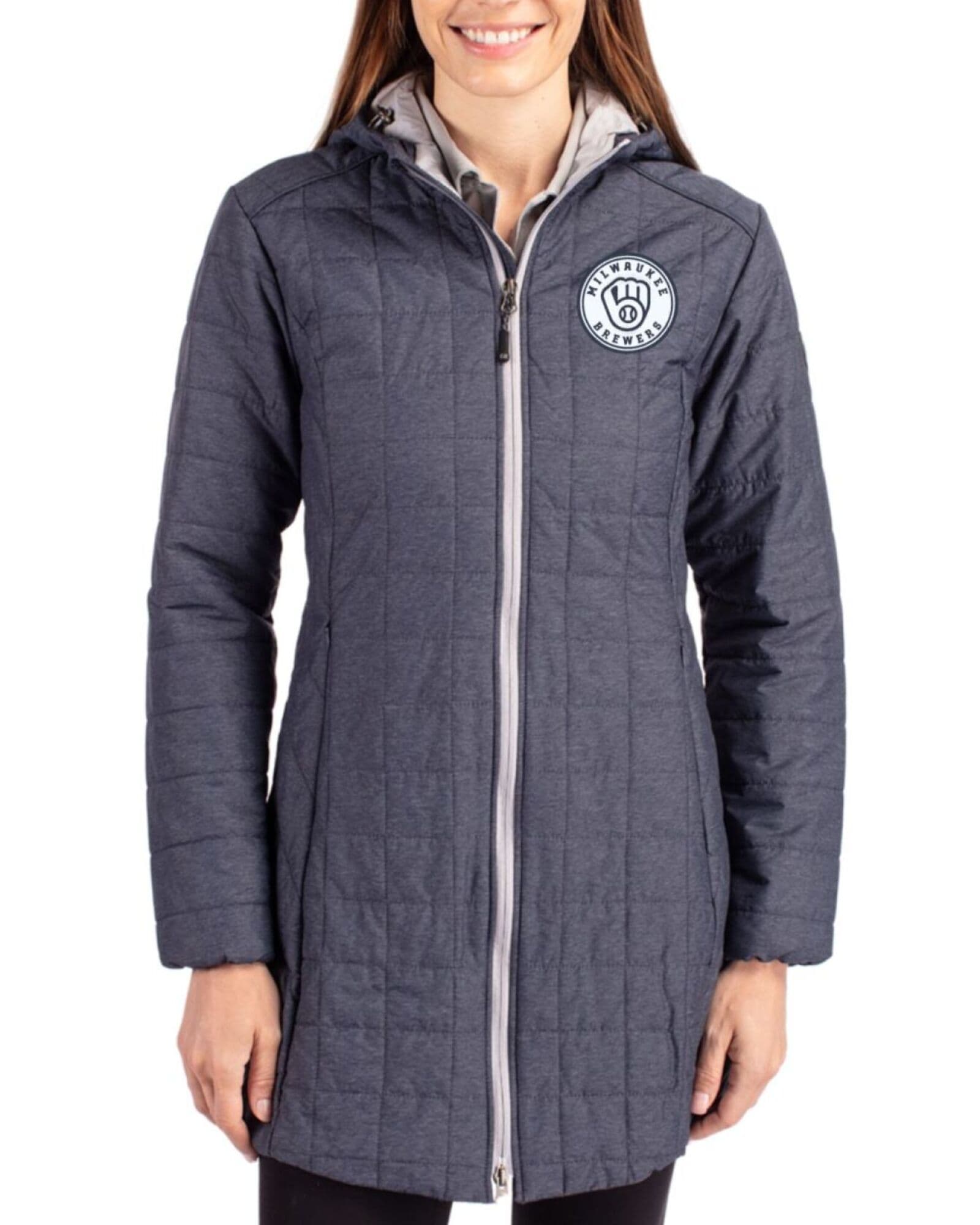 Women's Milwaukee Brewers Cutter & Buck Mono Anthracite Melange Rainier Insulated Puffer Full Zip Hooded Long Coat