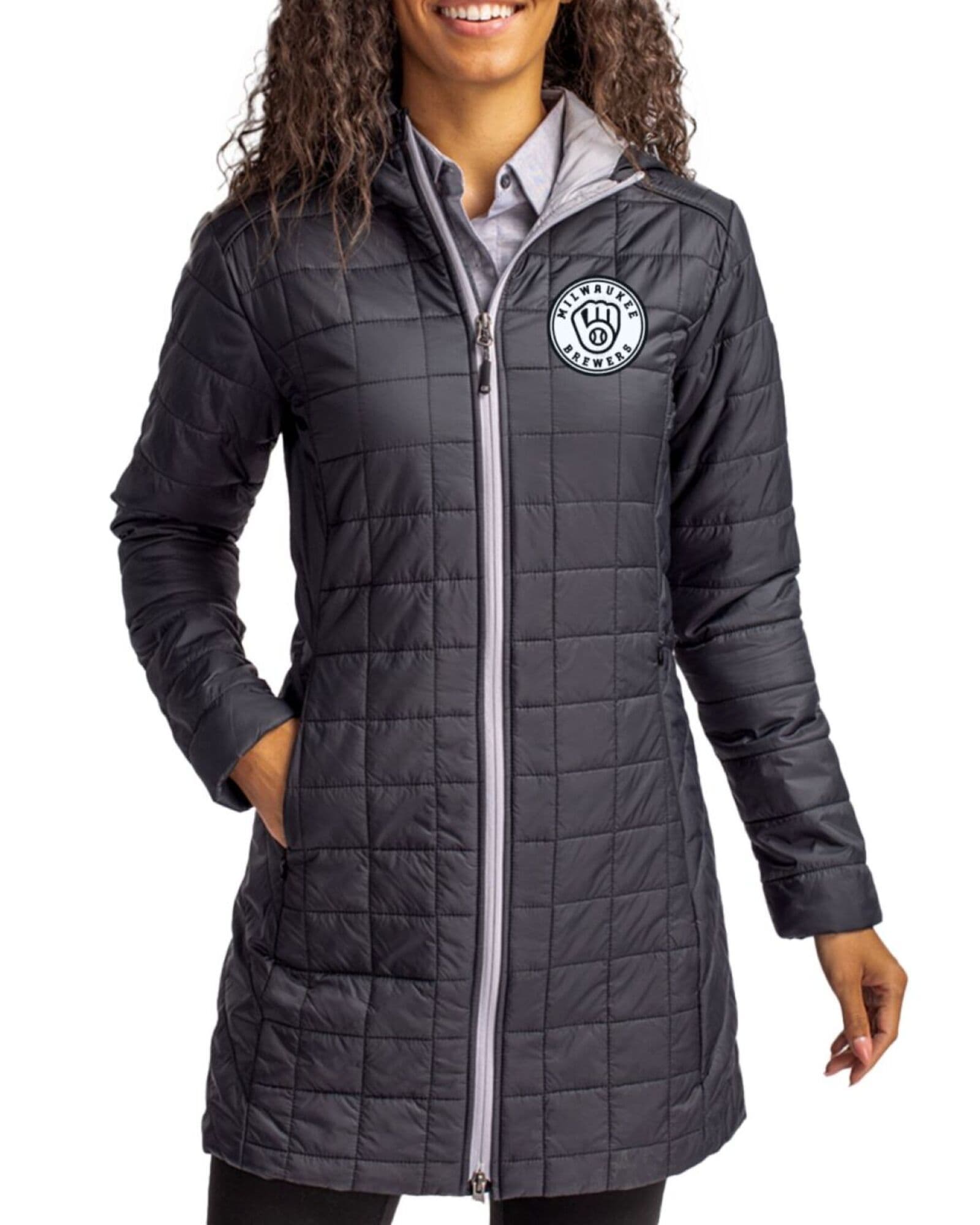 Women's Milwaukee Brewers Cutter & Buck Mono Black Rainier Insulated Puffer Full Zip Hooded Long Coat