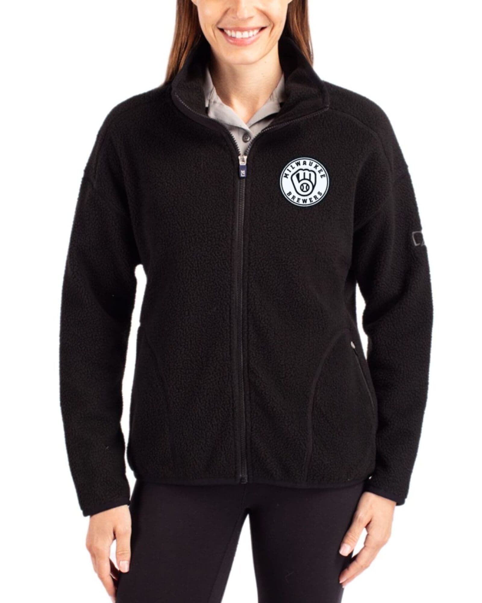 Women's Milwaukee Brewers Cutter & Buck Mono Black Cascade Epic Comfort Sherpa Fleece Full Zip Jacket