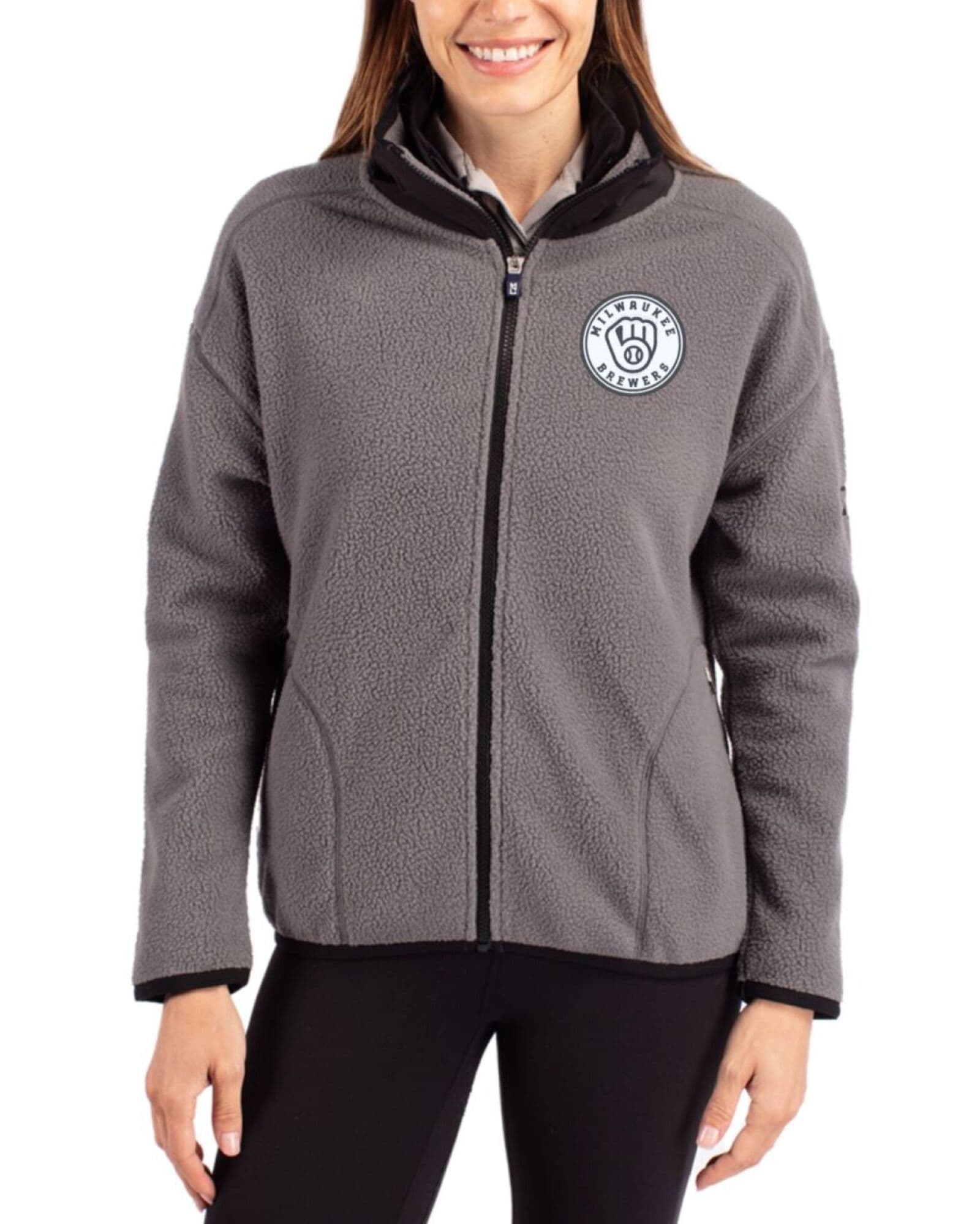 Women's Milwaukee Brewers Cutter & Buck Mono Elemental Grey/Black Cascade Epic Comfort Sherpa Fleece Full Zip Jacket