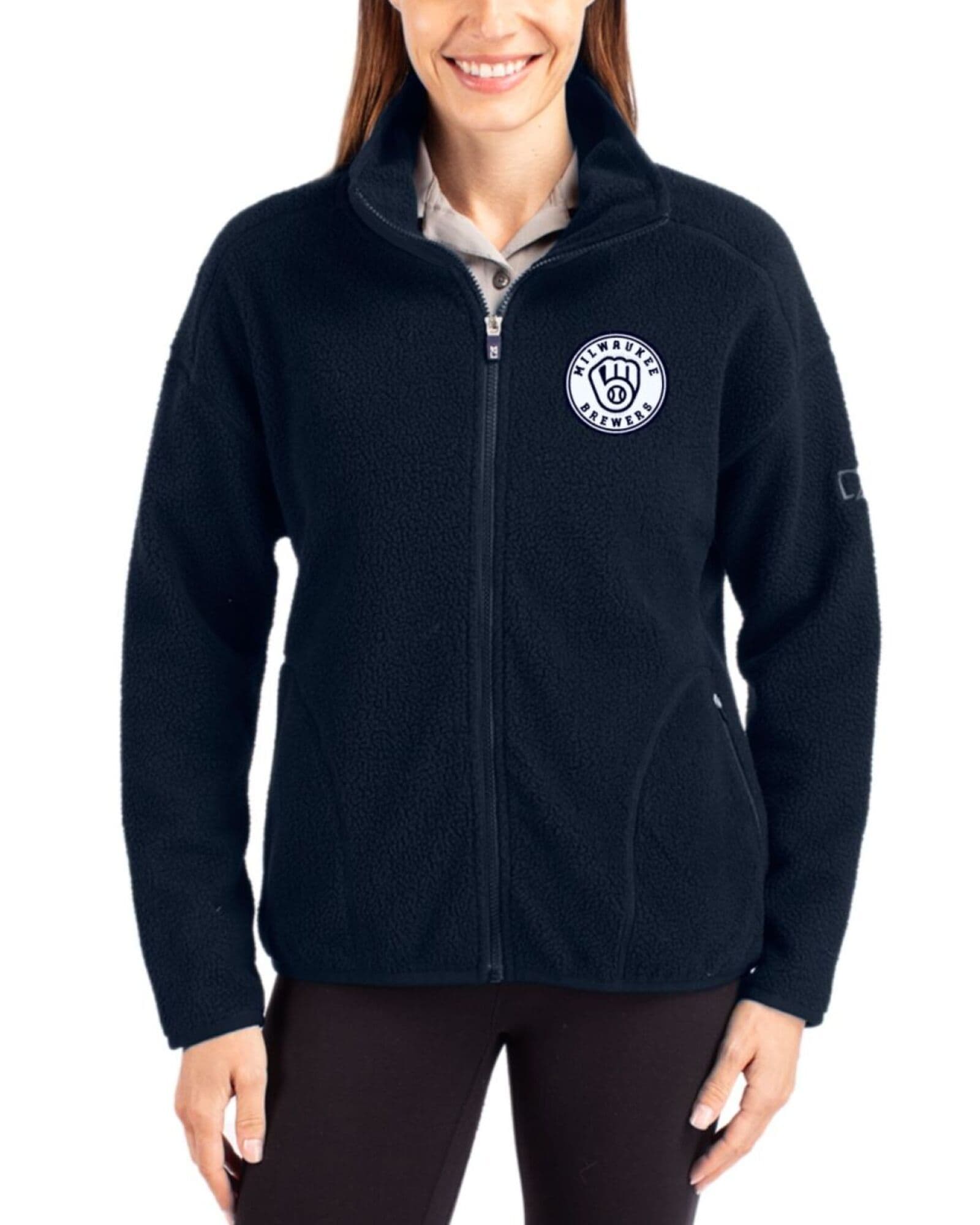 Women's Milwaukee Brewers Cutter & Buck Mono Navy Blue Cascade Epic Comfort Sherpa Fleece Full Zip Jacket