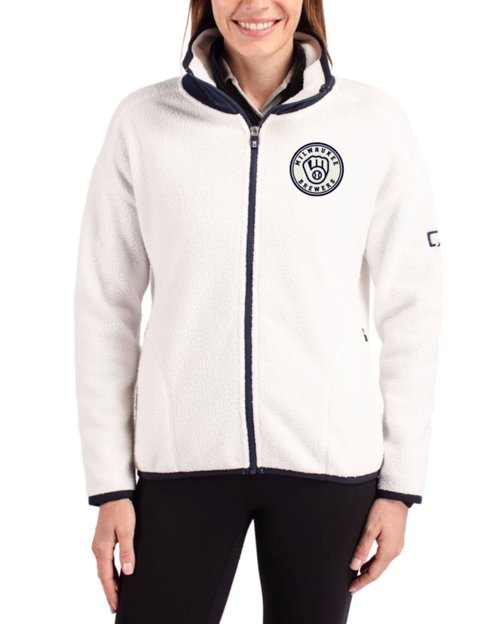 Women's Milwaukee Brewers Cutter & Buck Mono Shell/Navy Blue Cascade Epic Comfort Sherpa Fleece Full Zip Jacket