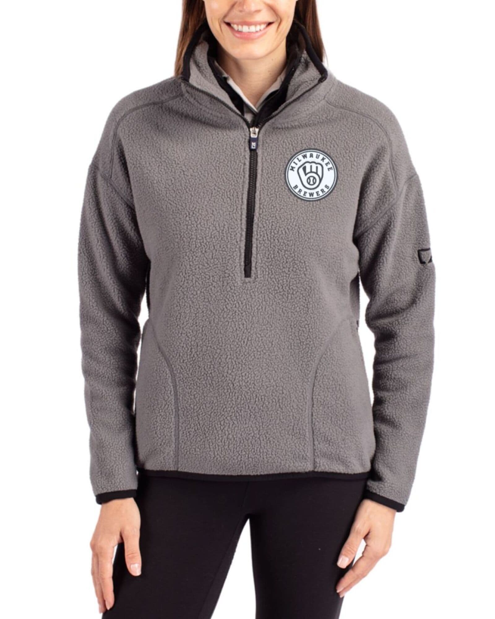 Women's Milwaukee Brewers Cutter & Buck Mono Elemental Grey/Black Cascade Epic Comfort Sherpa Fleece Pullover Jacket
