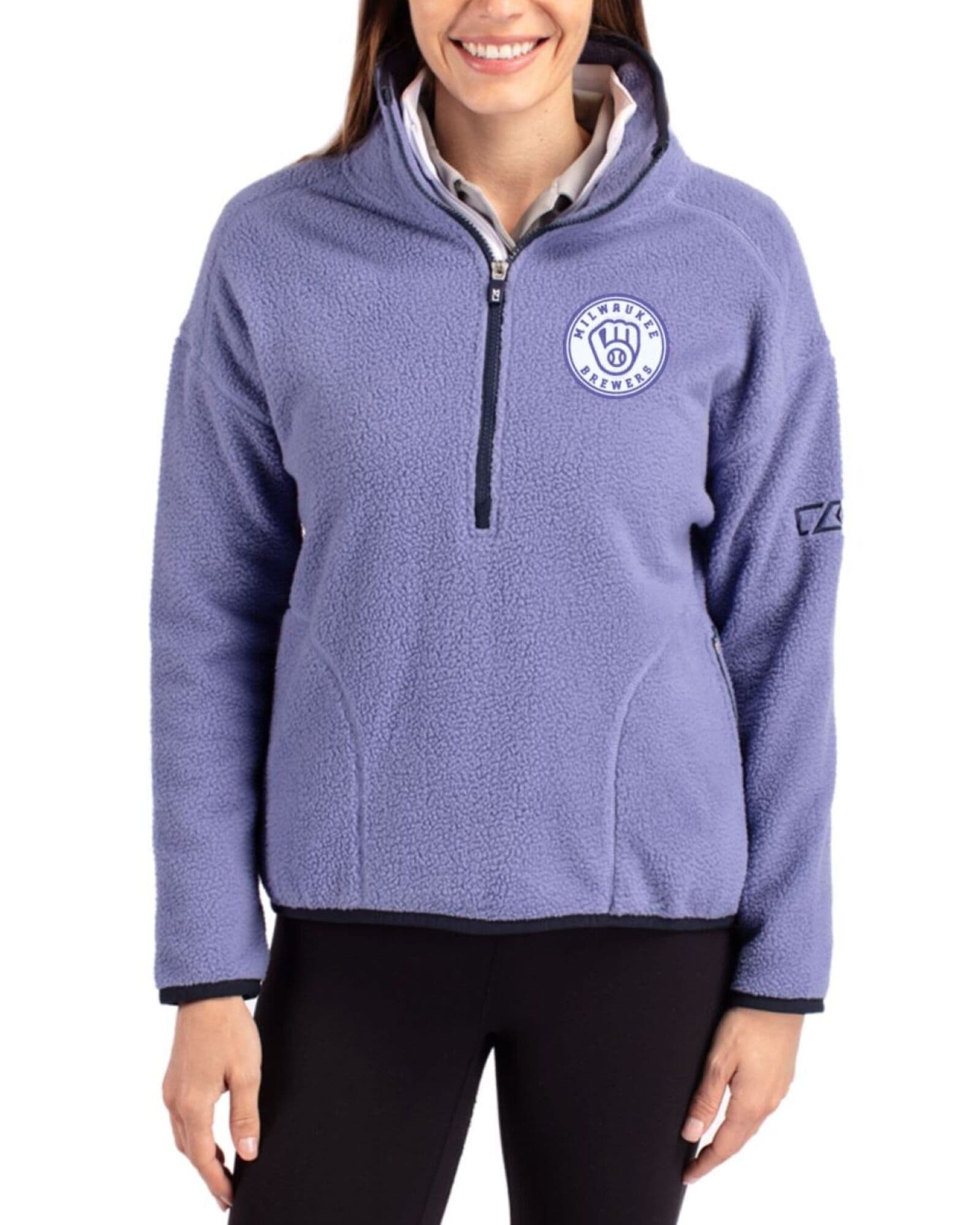 Women's Milwaukee Brewers Cutter & Buck Mono Hyacinth/Navy Blue Cascade Epic Comfort Sherpa Fleece Pullover Jacket