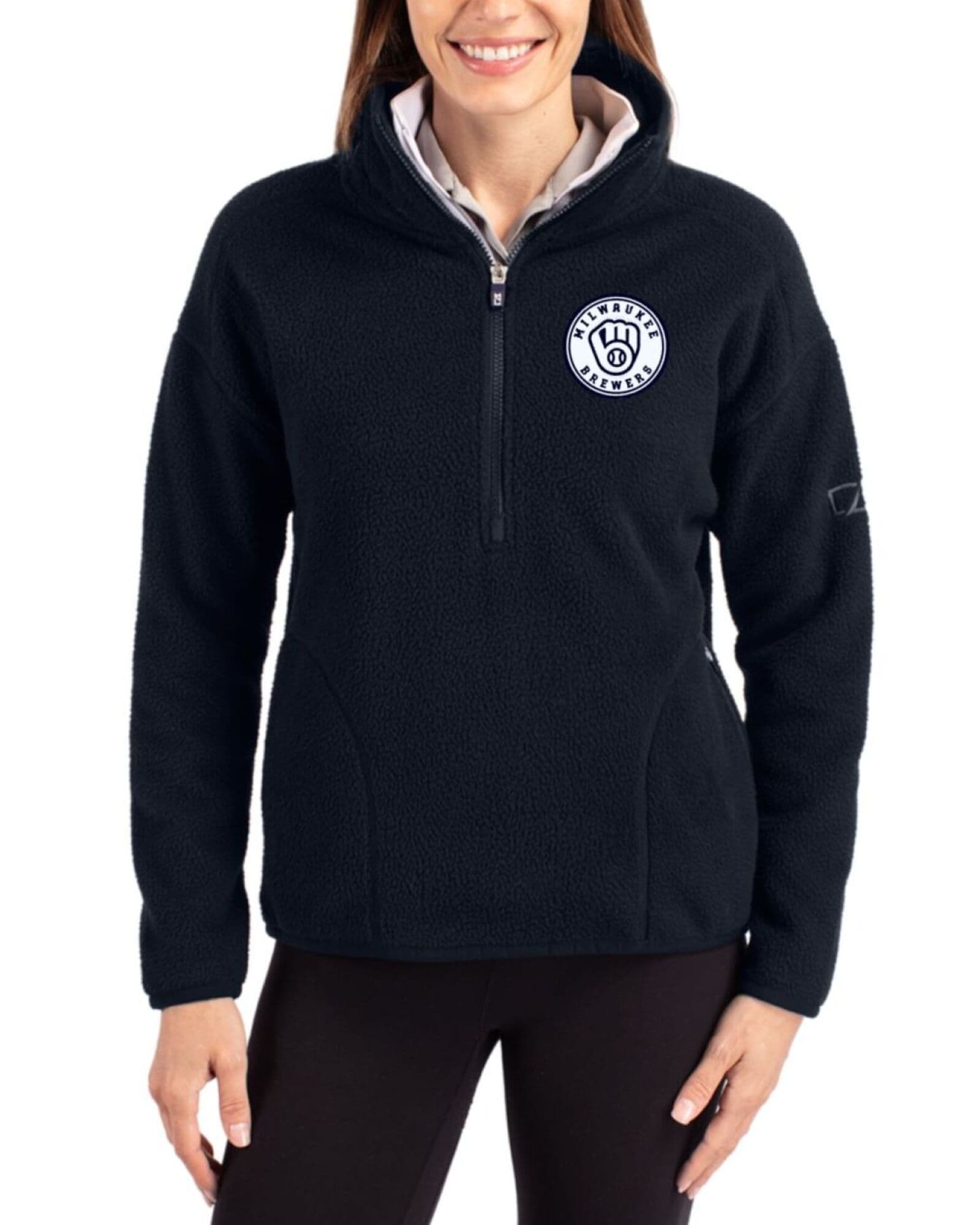 Women's Milwaukee Brewers Cutter & Buck Mono Navy Blue Cascade Epic Comfort Sherpa Fleece Pullover Jacket