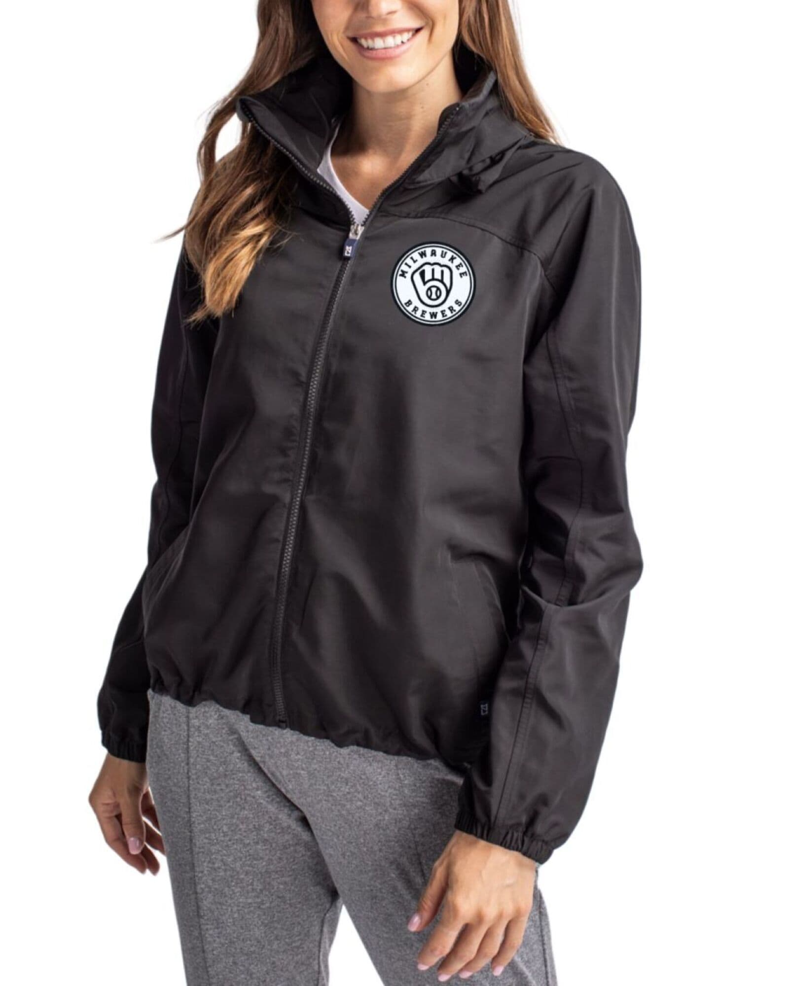 Women's Milwaukee Brewers Cutter & Buck Mono Black Charter Packable Full Zip Jacket