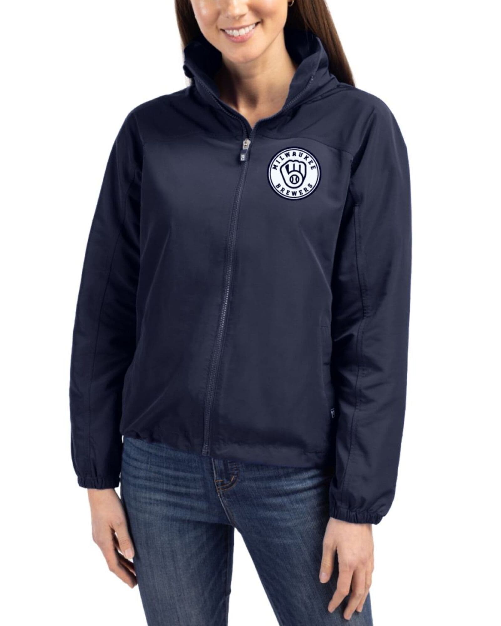 Women's Milwaukee Brewers Cutter & Buck Mono Navy Blue Charter Packable Full Zip Jacket
