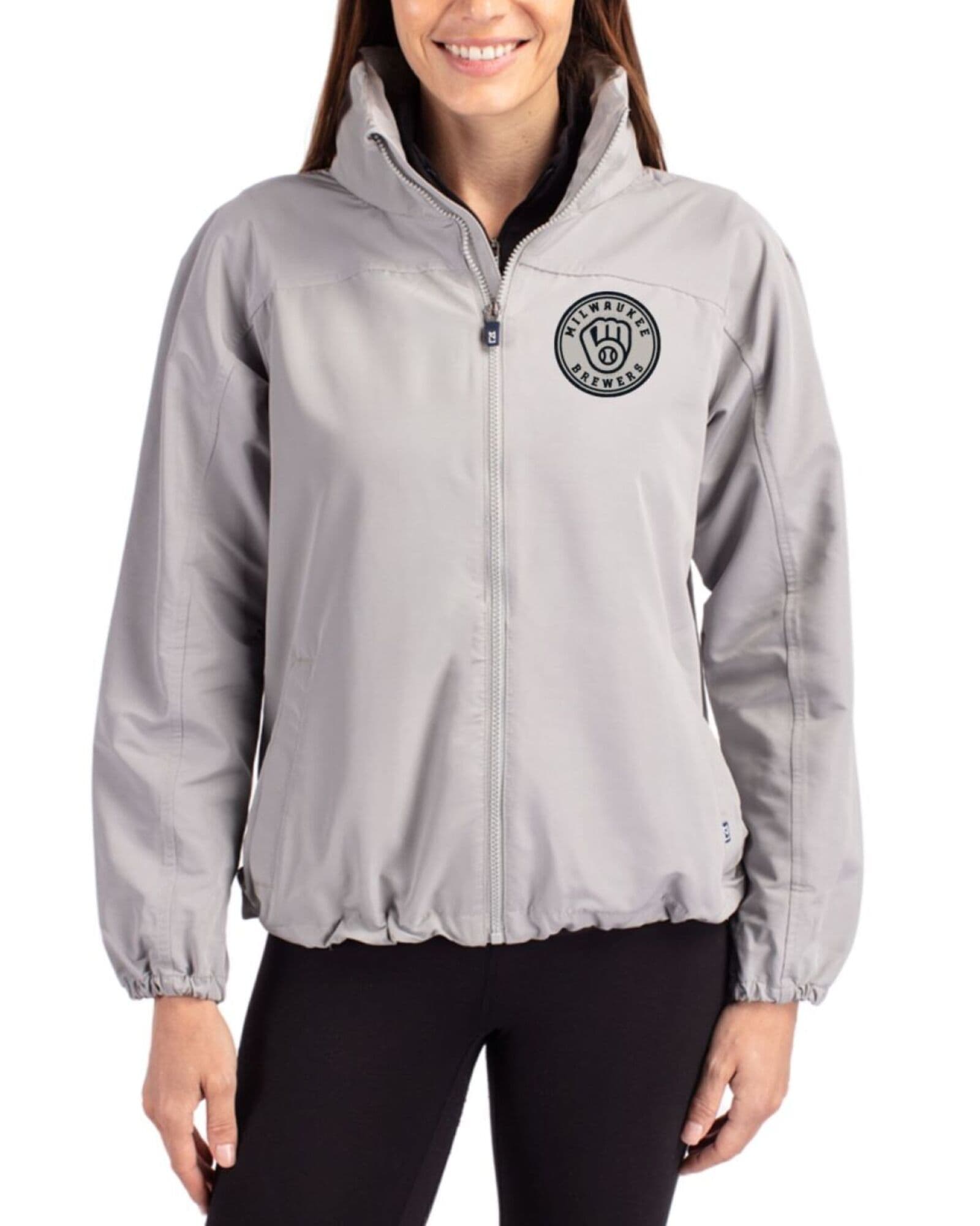 Women's Milwaukee Brewers Cutter & Buck Mono Polished Charter Packable Full Zip Jacket