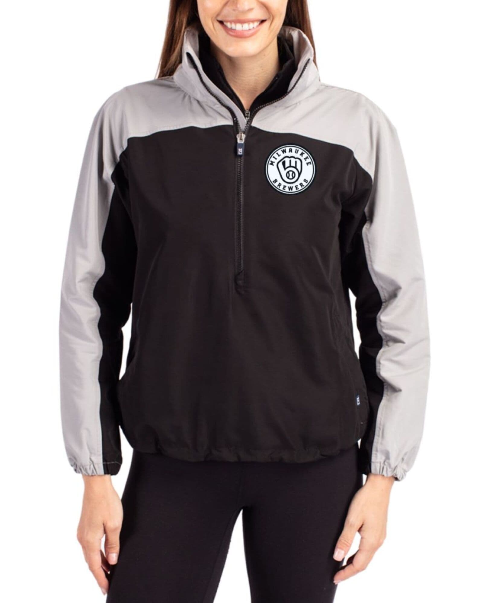 Women's Milwaukee Brewers Cutter & Buck Mono Black/Polished Charter Packable Half Zip Anorak Jacket