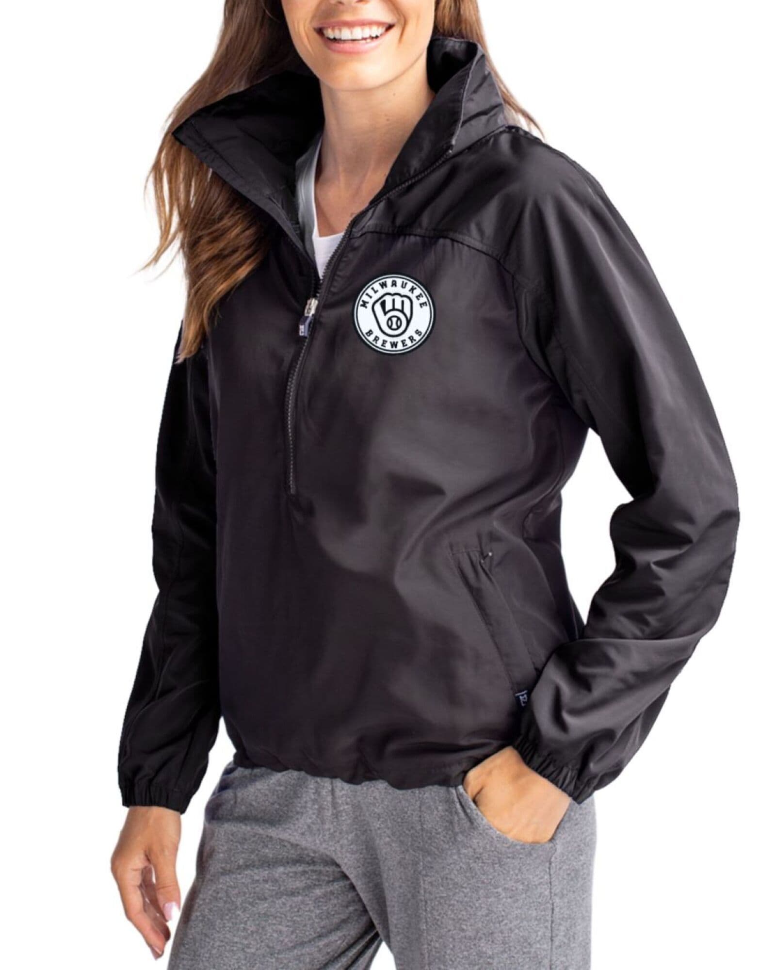 Women's Milwaukee Brewers Cutter & Buck Mono Black Charter Packable Half Zip Anorak Jacket