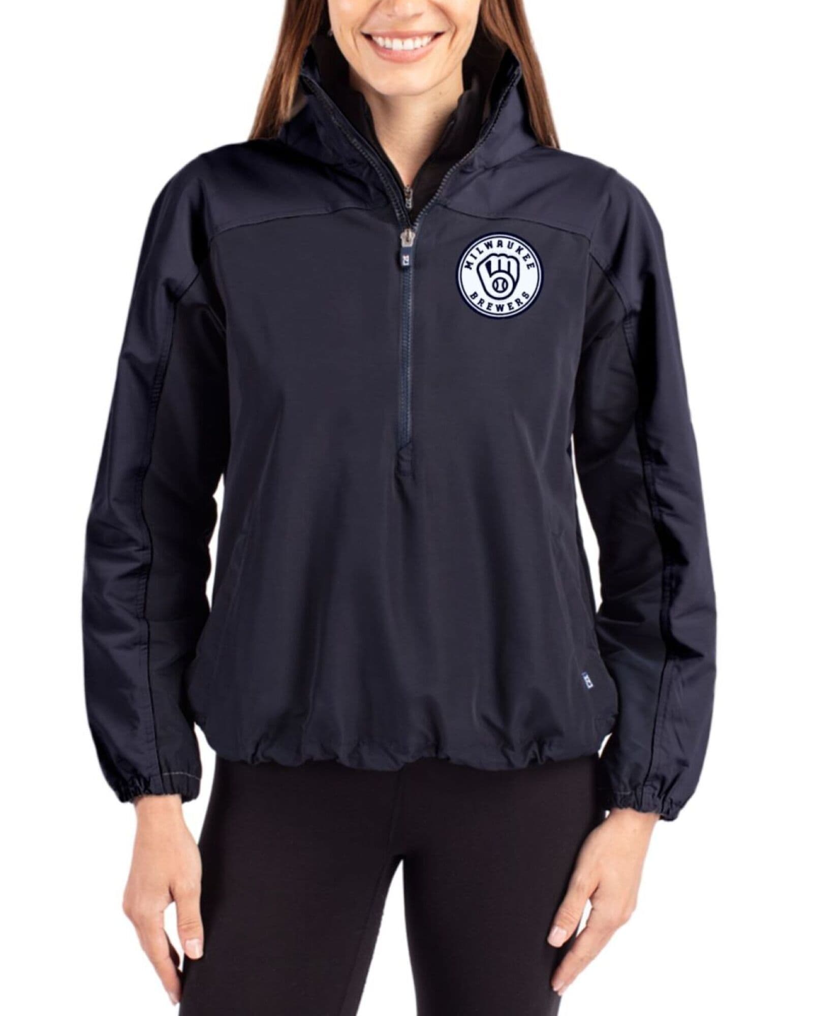 Women's Milwaukee Brewers Cutter & Buck Mono Navy Blue Charter Packable Half Zip Anorak Jacket