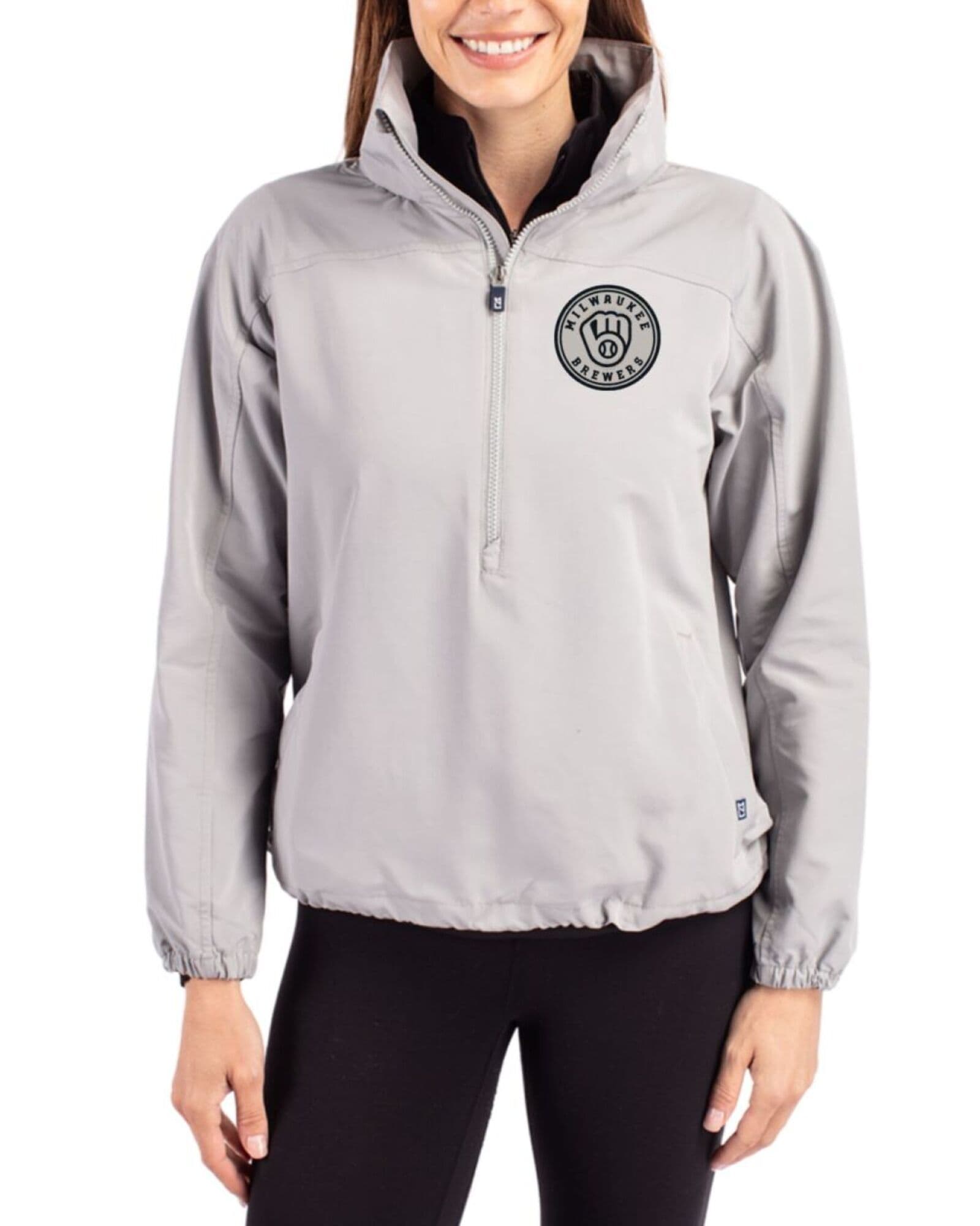 Women's Milwaukee Brewers Cutter & Buck Mono Polished Charter Packable Half Zip Anorak Jacket