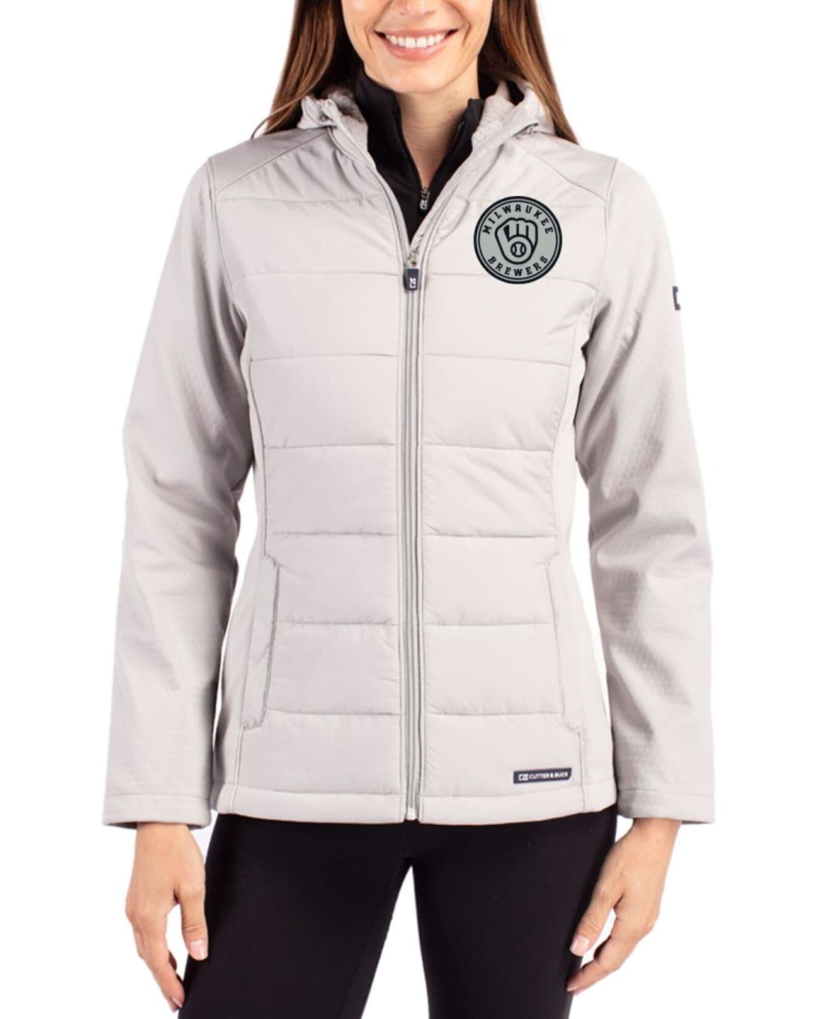 Women's Milwaukee Brewers Cutter & Buck Mono Concrete Evoke Honeycomb Fleece Hybrid Full Zip Jacket