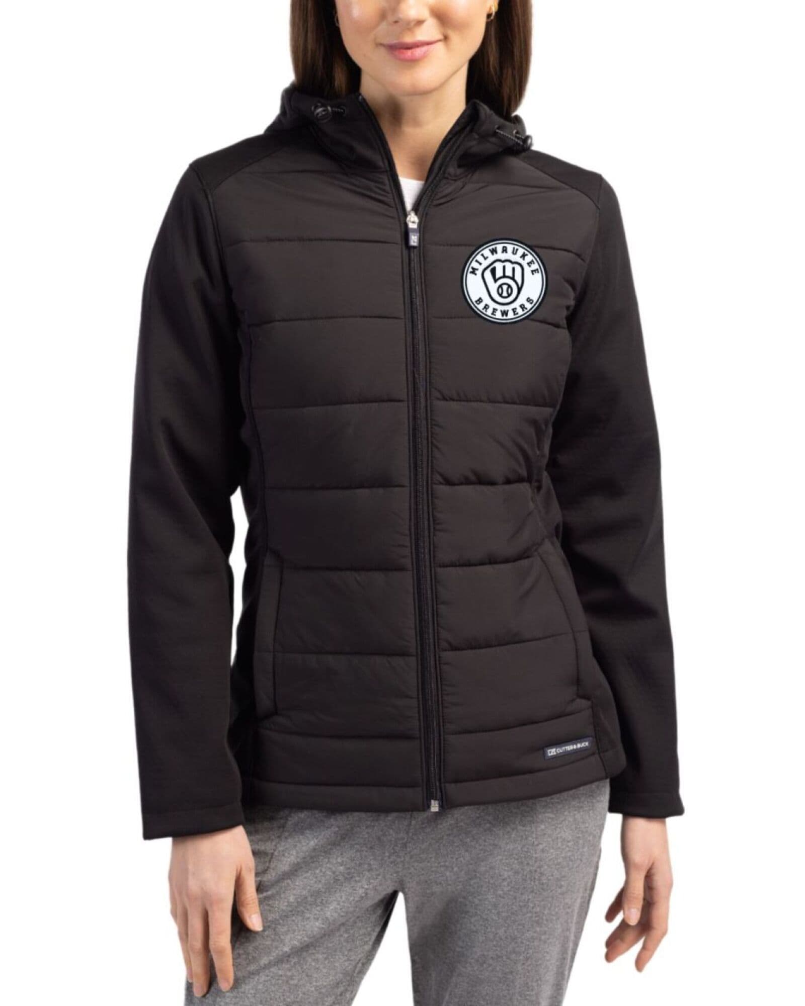 Women's Milwaukee Brewers Cutter & Buck Mono Black Evoke Honeycomb Fleece Hybrid Full Zip Jacket