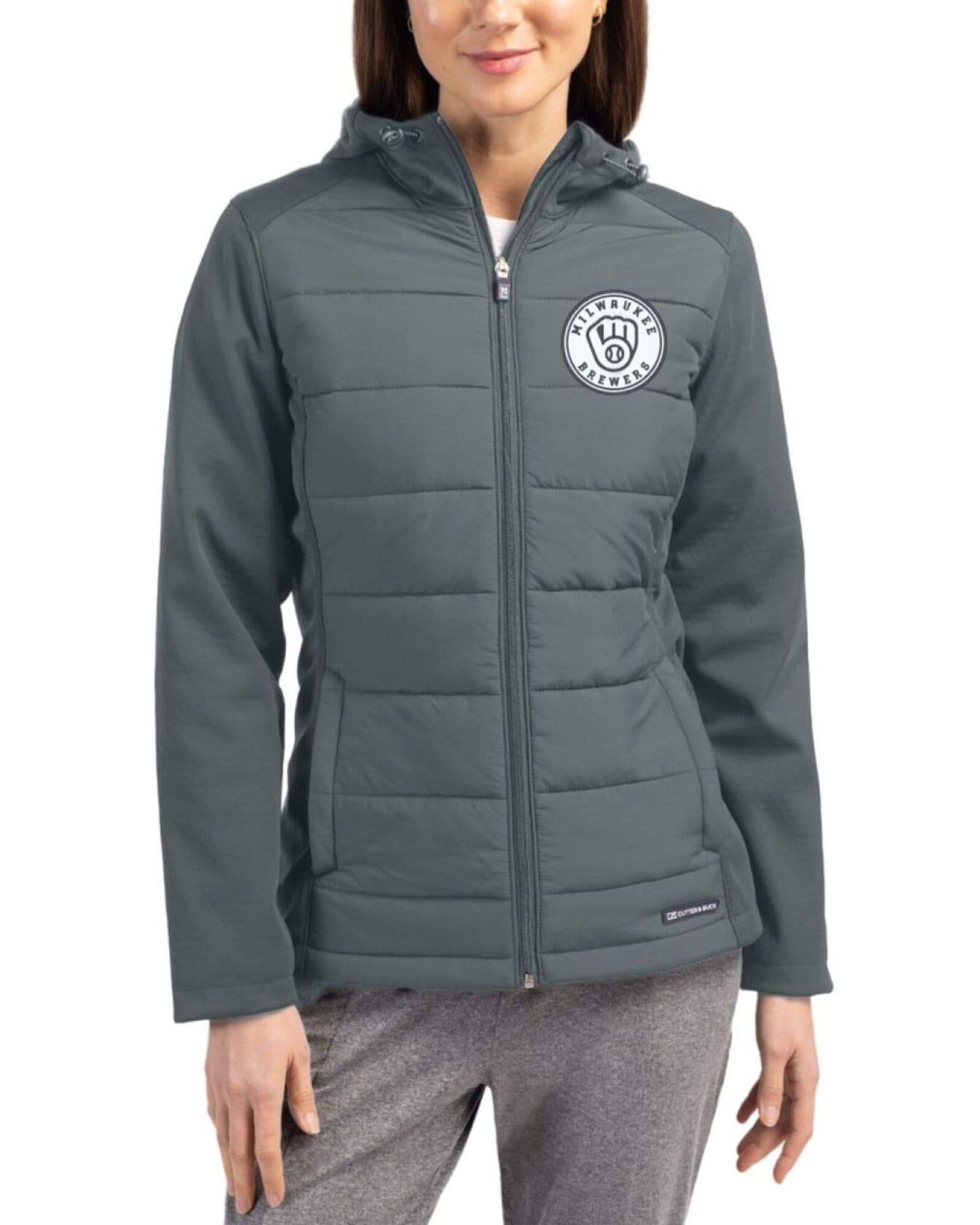 Women's Milwaukee Brewers Cutter & Buck Mono Elemental Grey Evoke Honeycomb Fleece Hybrid Full Zip Jacket