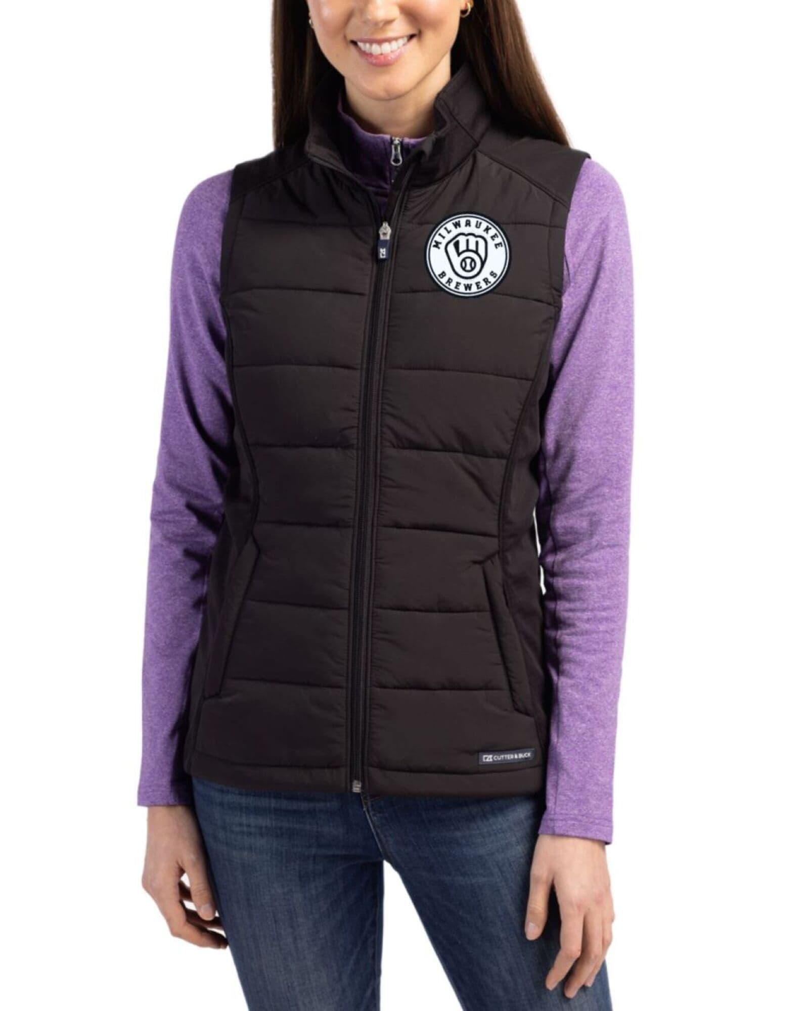 Women's Milwaukee Brewers Cutter & Buck Mono Black Evoke Honeycomb Fleece Hybrid Full Zip Vest