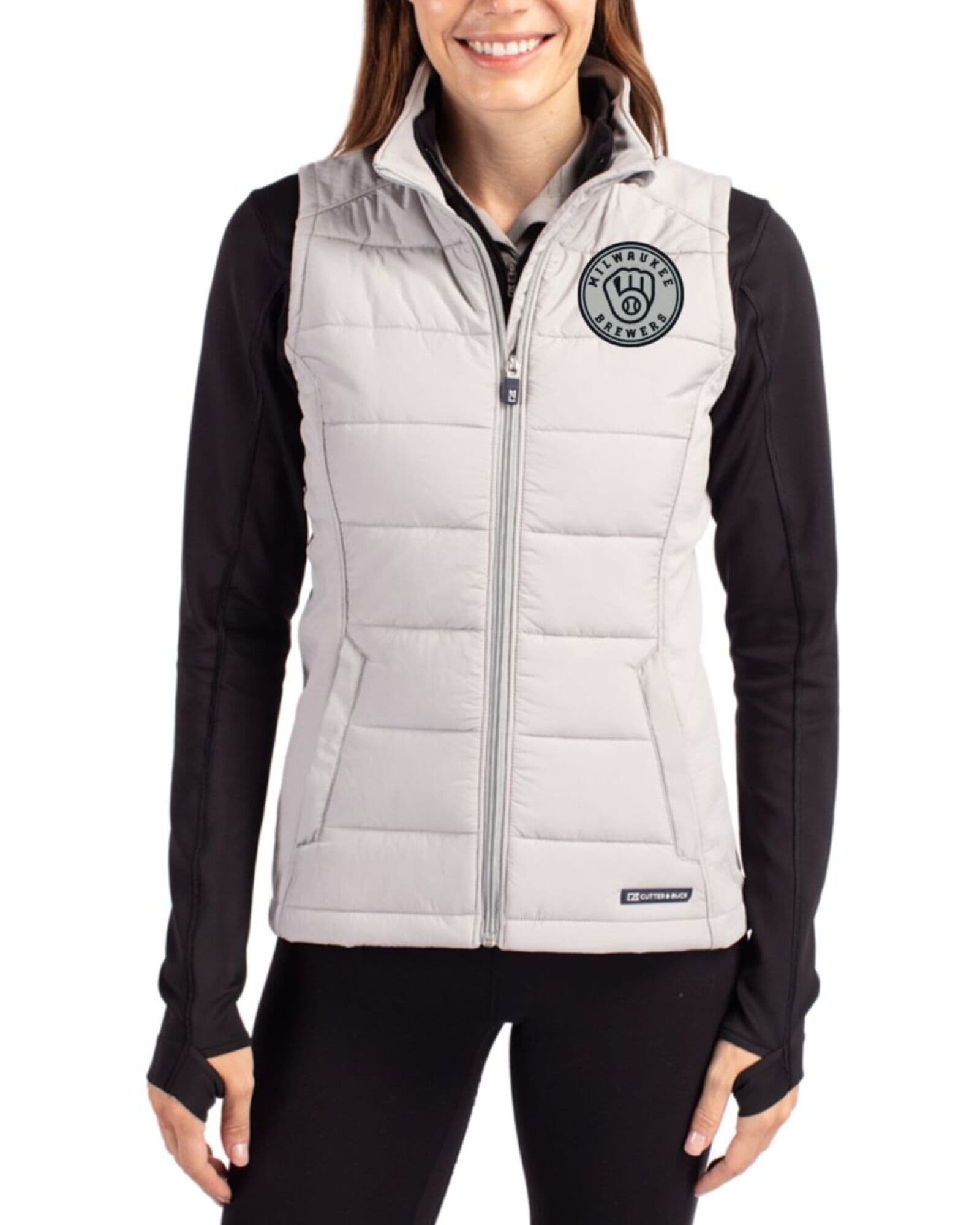 Women's Milwaukee Brewers Cutter & Buck Mono Concrete Evoke Honeycomb Fleece Hybrid Full Zip Vest