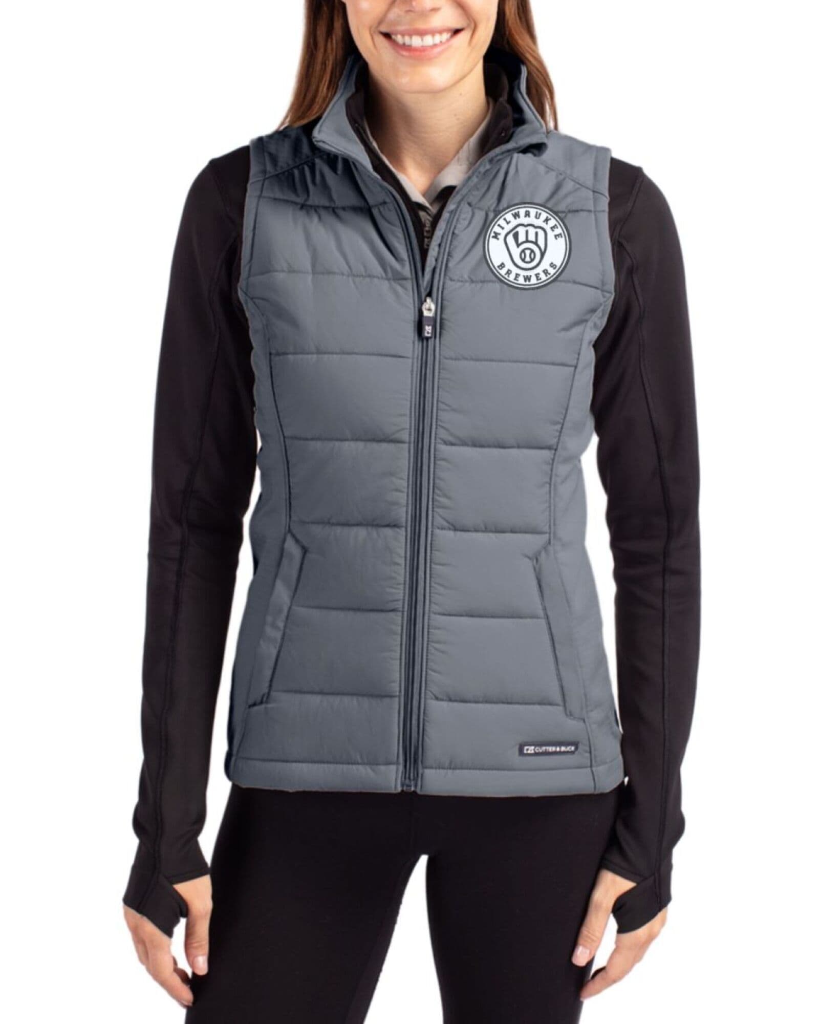 Women's Milwaukee Brewers Cutter & Buck Mono Elemental Grey Evoke Honeycomb Fleece Hybrid Full Zip Vest