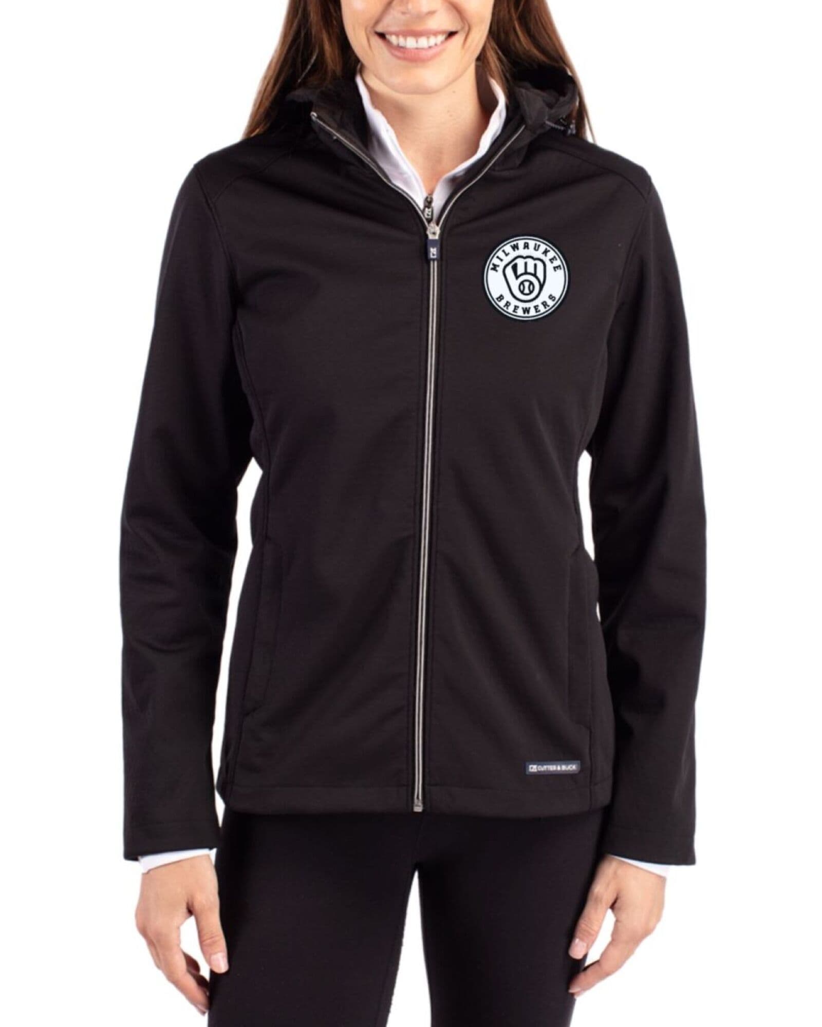 Women's Milwaukee Brewers Cutter & Buck Mono Black Evoke Honeycomb Fleece Full Zip Jacket
