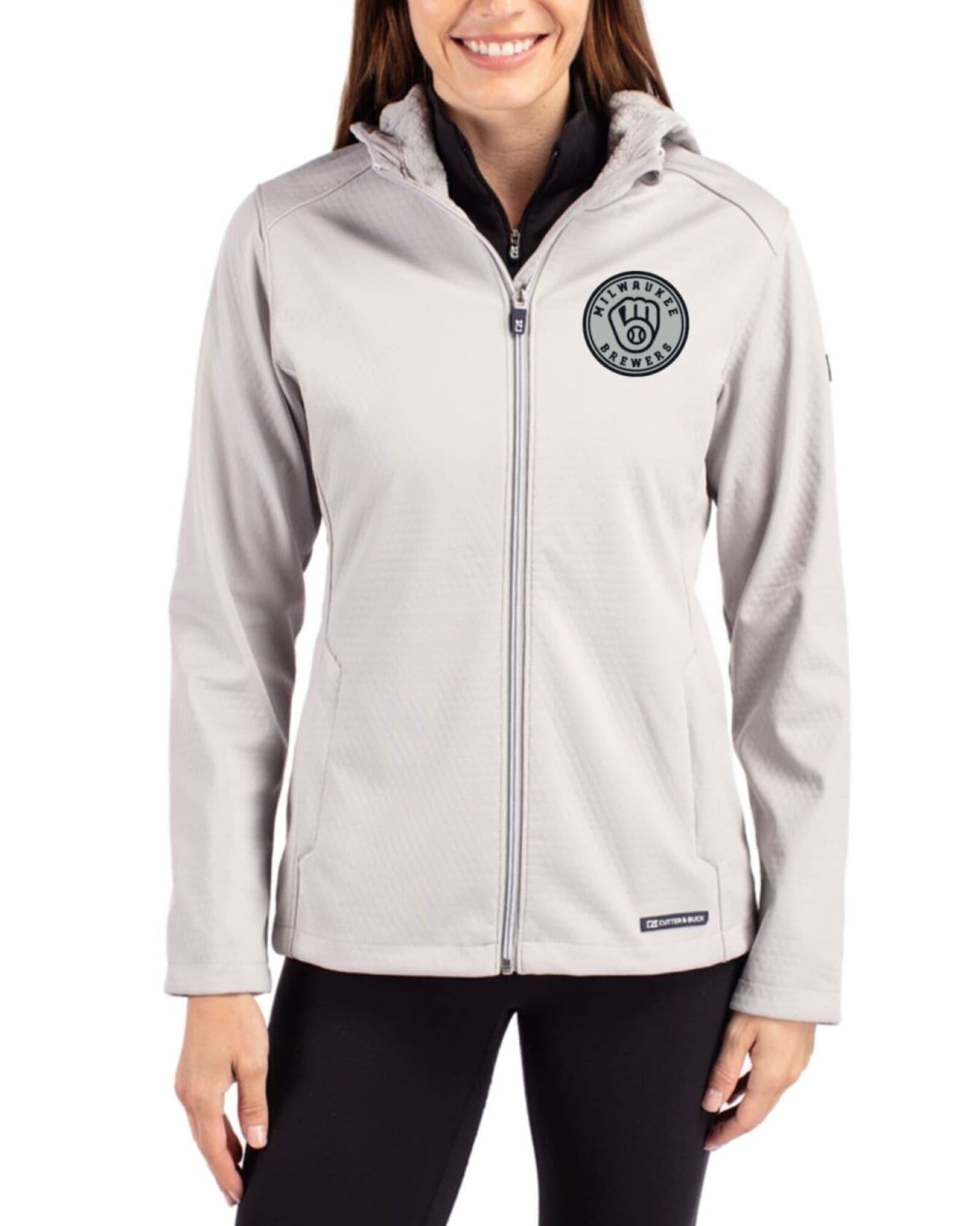 Women's Milwaukee Brewers Cutter & Buck Mono Concrete Evoke Honeycomb Fleece Full Zip Jacket