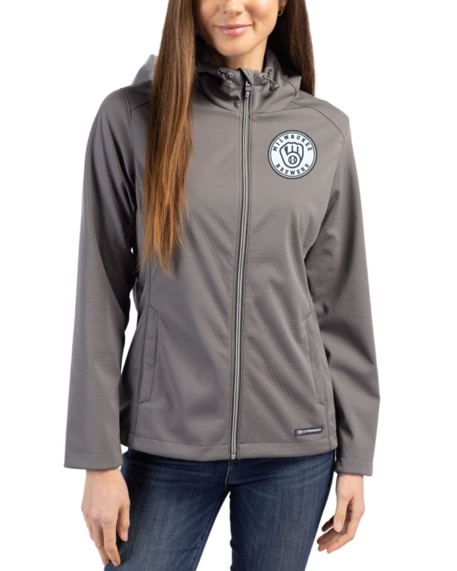 Women's Milwaukee Brewers Cutter & Buck Mono Elemental Grey Evoke Honeycomb Fleece Full Zip Jacket